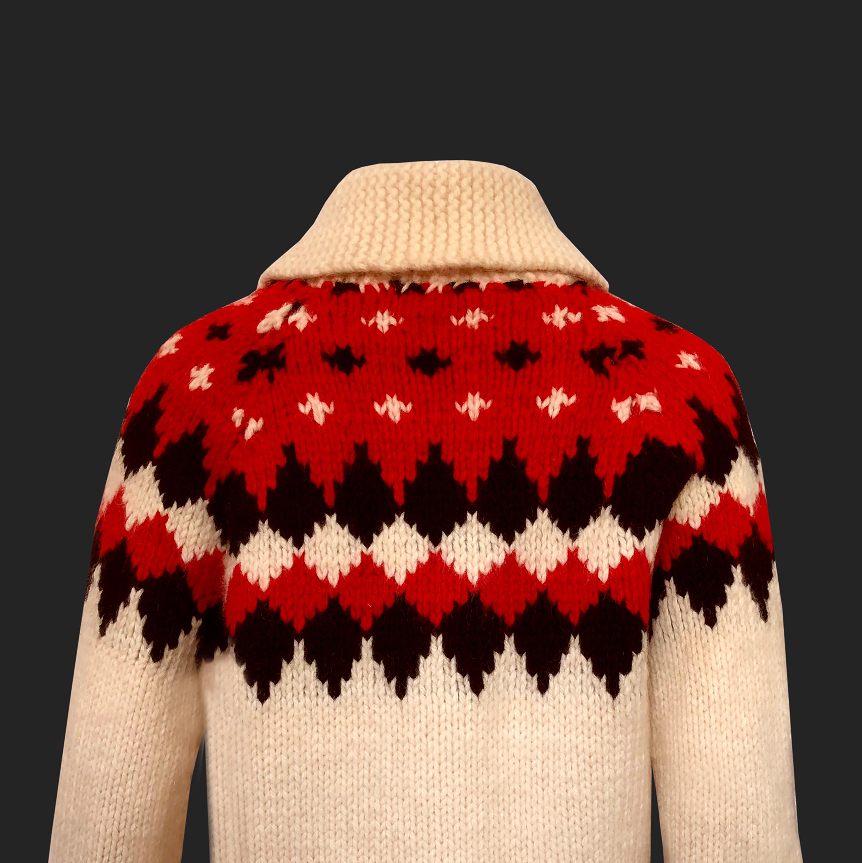 1950s Vintage - Alpine Knit Chunky Jumper - Red + Black Geometric Pattern For Sale 1
