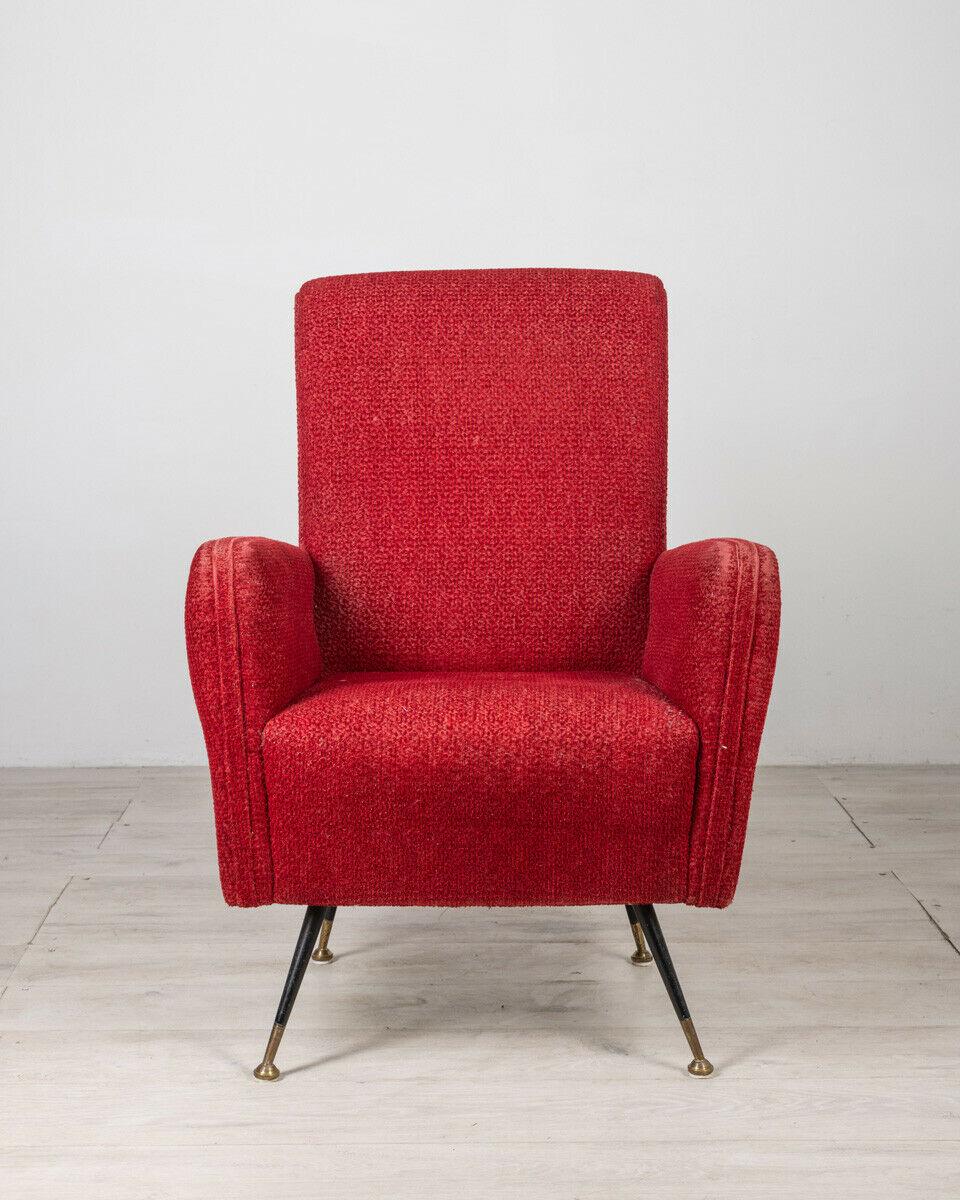 1950s Vintage Armchair in Metal and Red Fabric Italian Design 3