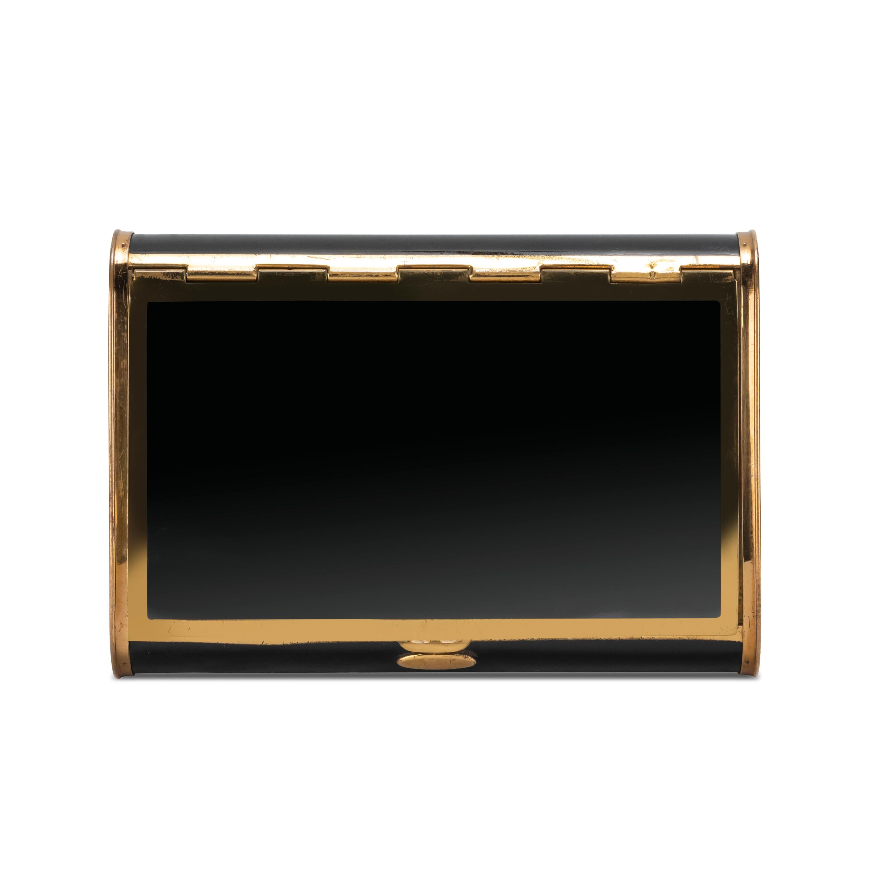 1950s Vintage Art Deco Cigarette Case 
VINTAGE TIN CIGARETTE CASE Black Lacquer GOLD TONE TOBACCO CASE INSIDE & TRIM
Not sure about the brand but the condition is good, most of the black enamel is in great condition. 
