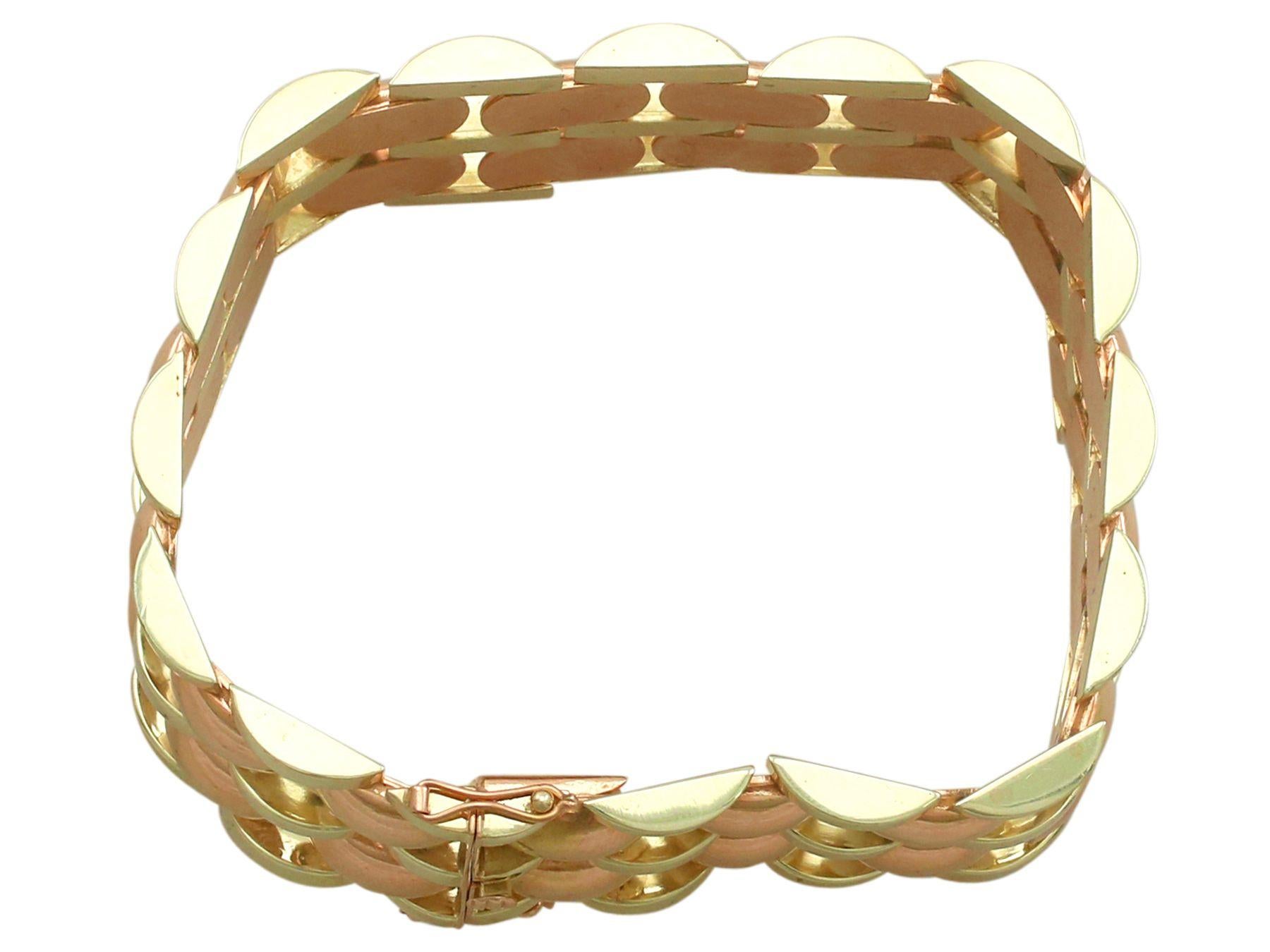 A stunning vintage Art Deco style 14 karat rose gold and 14 karat yellow gold bracelet; part of diverse Art Deco jewelry and estate jewelry collections. 

This stunning, fine and impressive Art Deco style rose and yellow gold bracelet has been