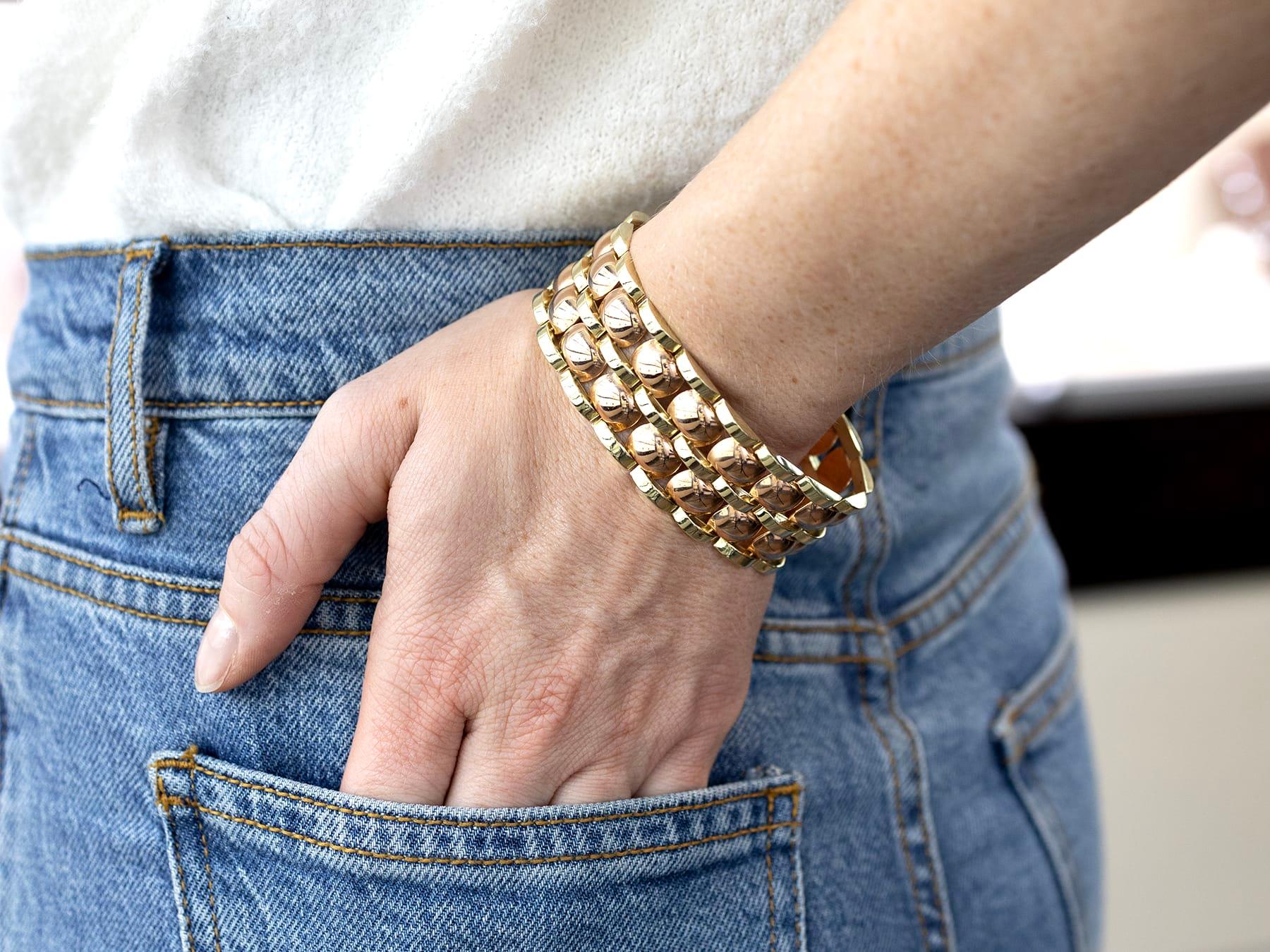 1950er Jahre Vintage Art Deco Stil Roségold und Gelbgold Armband Damen im Angebot