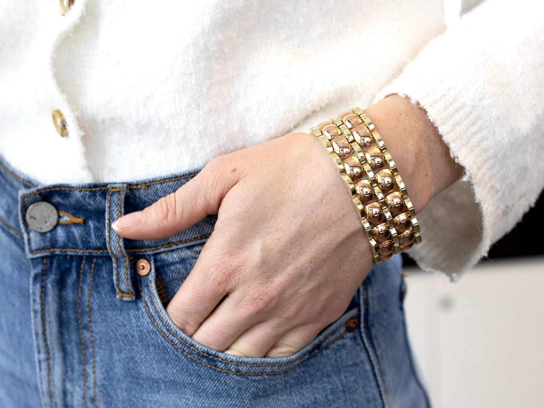 1950er Jahre Vintage Art Deco Stil Roségold und Gelbgold Armband im Angebot 2