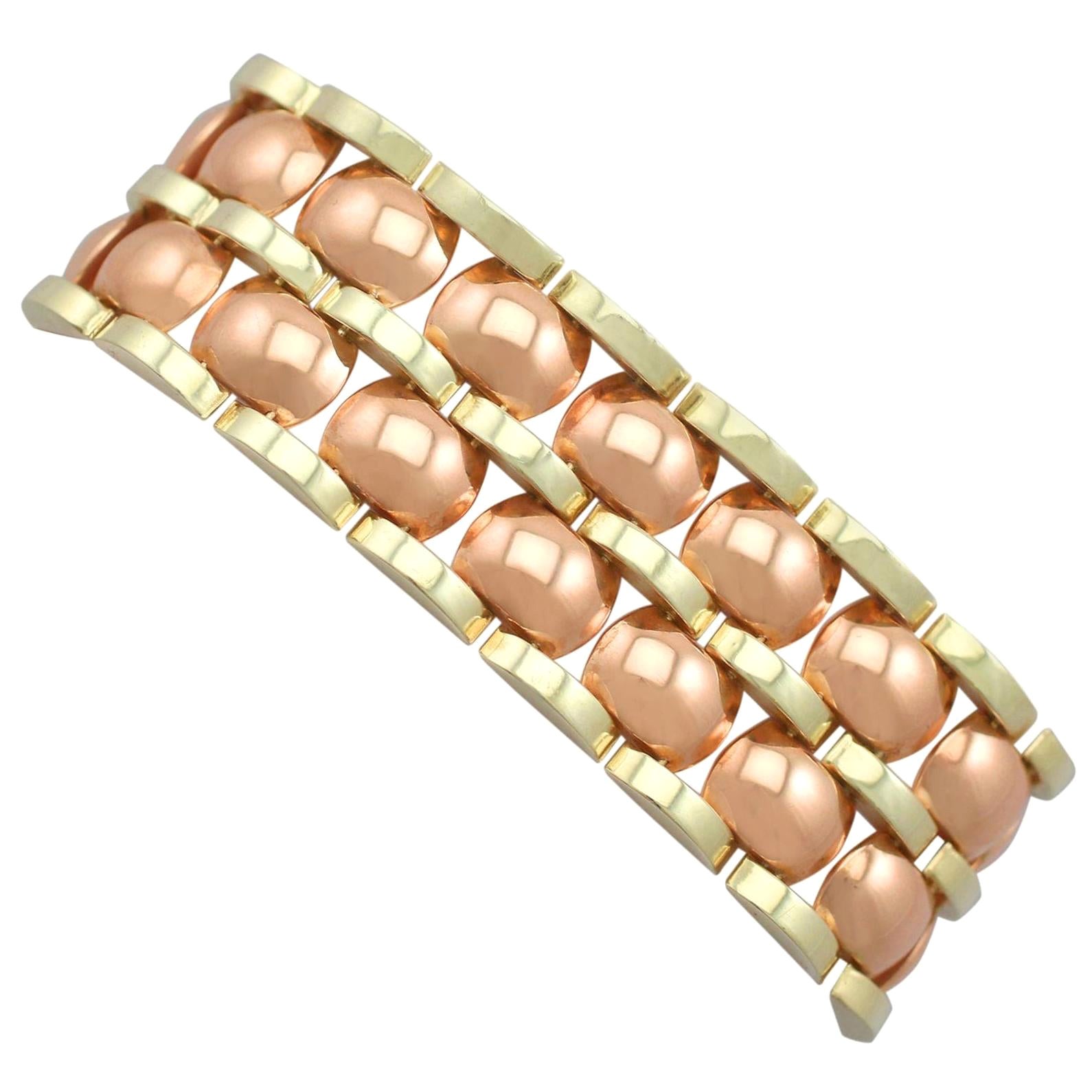 Brazalete de oro rosa y oro amarillo estilo Art Déco vintage de los años 50