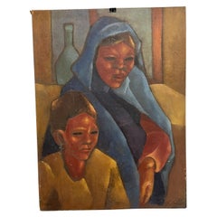 1950s Vintage Art Mother and Child Original Oil Painting on Board