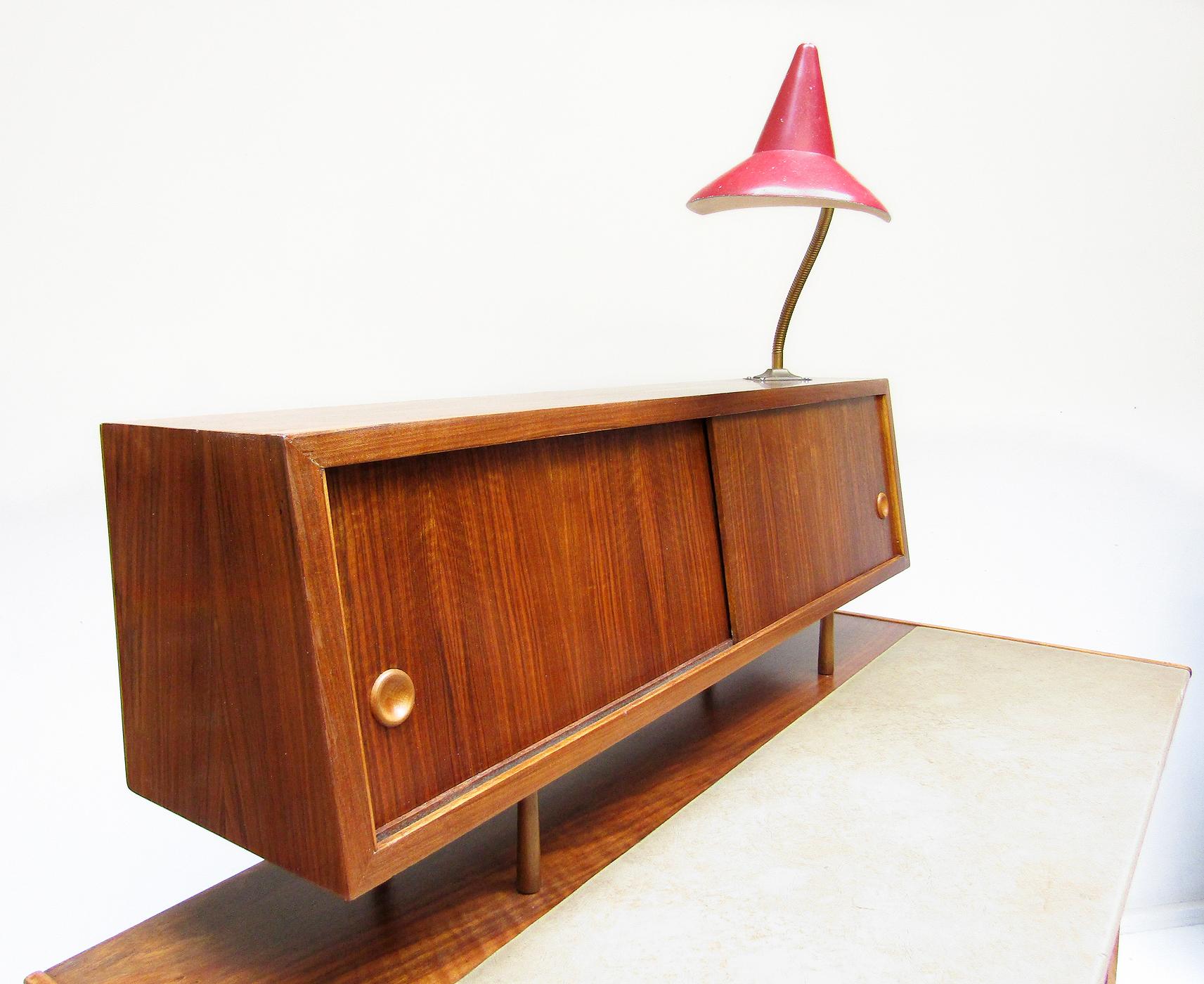 1950s Vintage Atomic Desk in Walnut with Floating Cabinet & Lamp 4