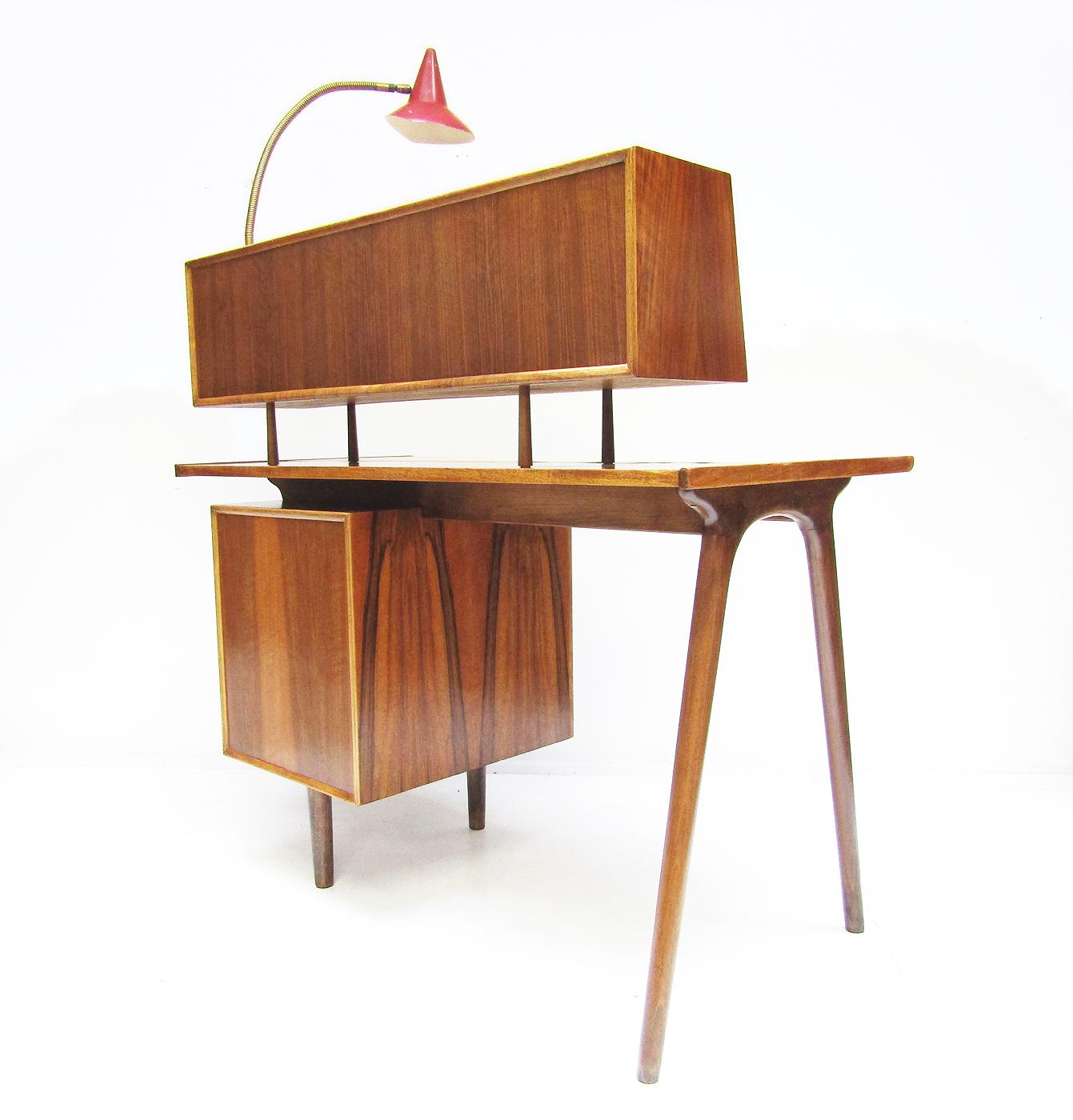 Mid-Century Modern 1950s Vintage Atomic Desk in Walnut with Floating Cabinet & Lamp