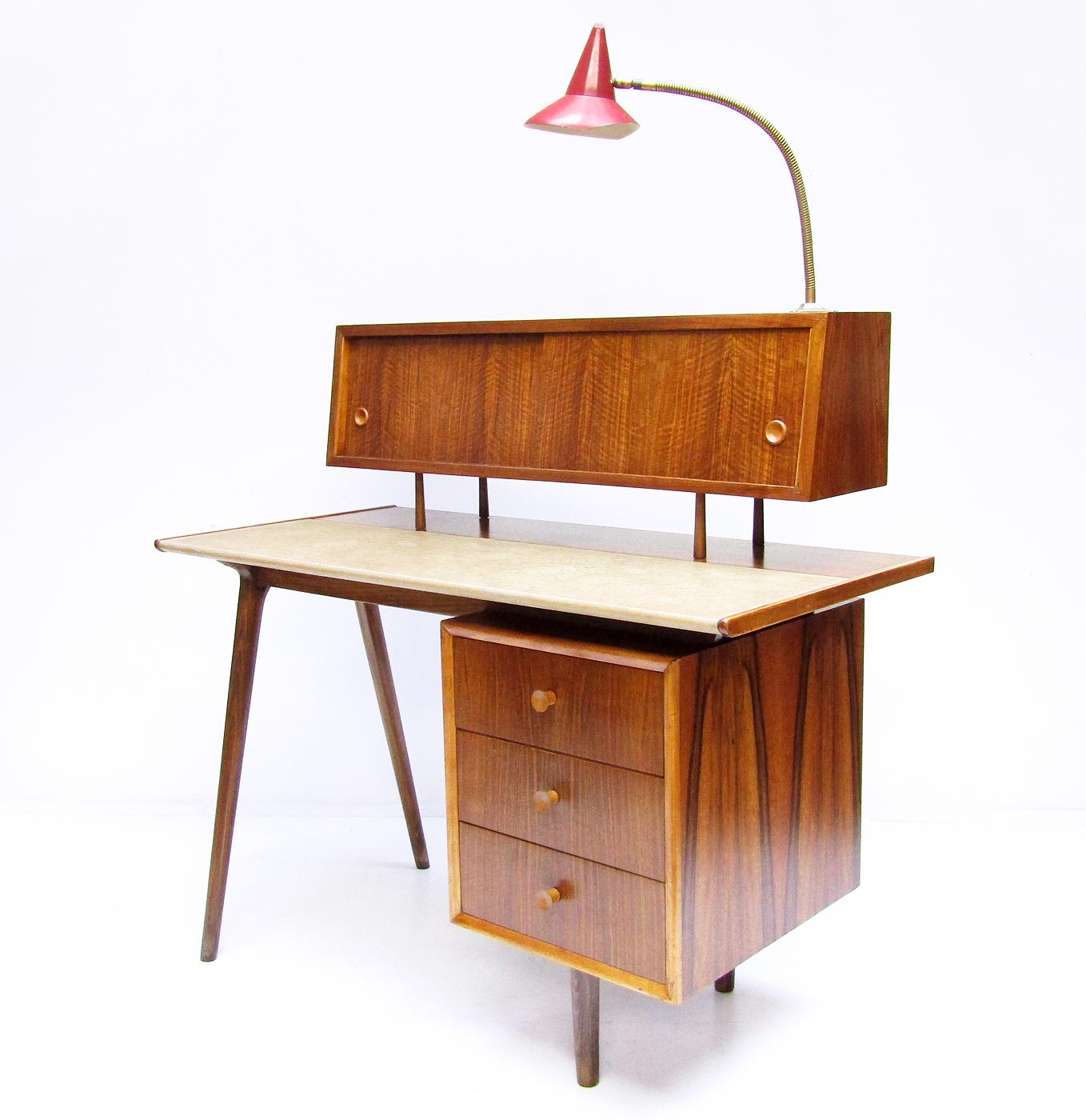 British 1950s Vintage Atomic Desk in Walnut with Floating Cabinet & Lamp