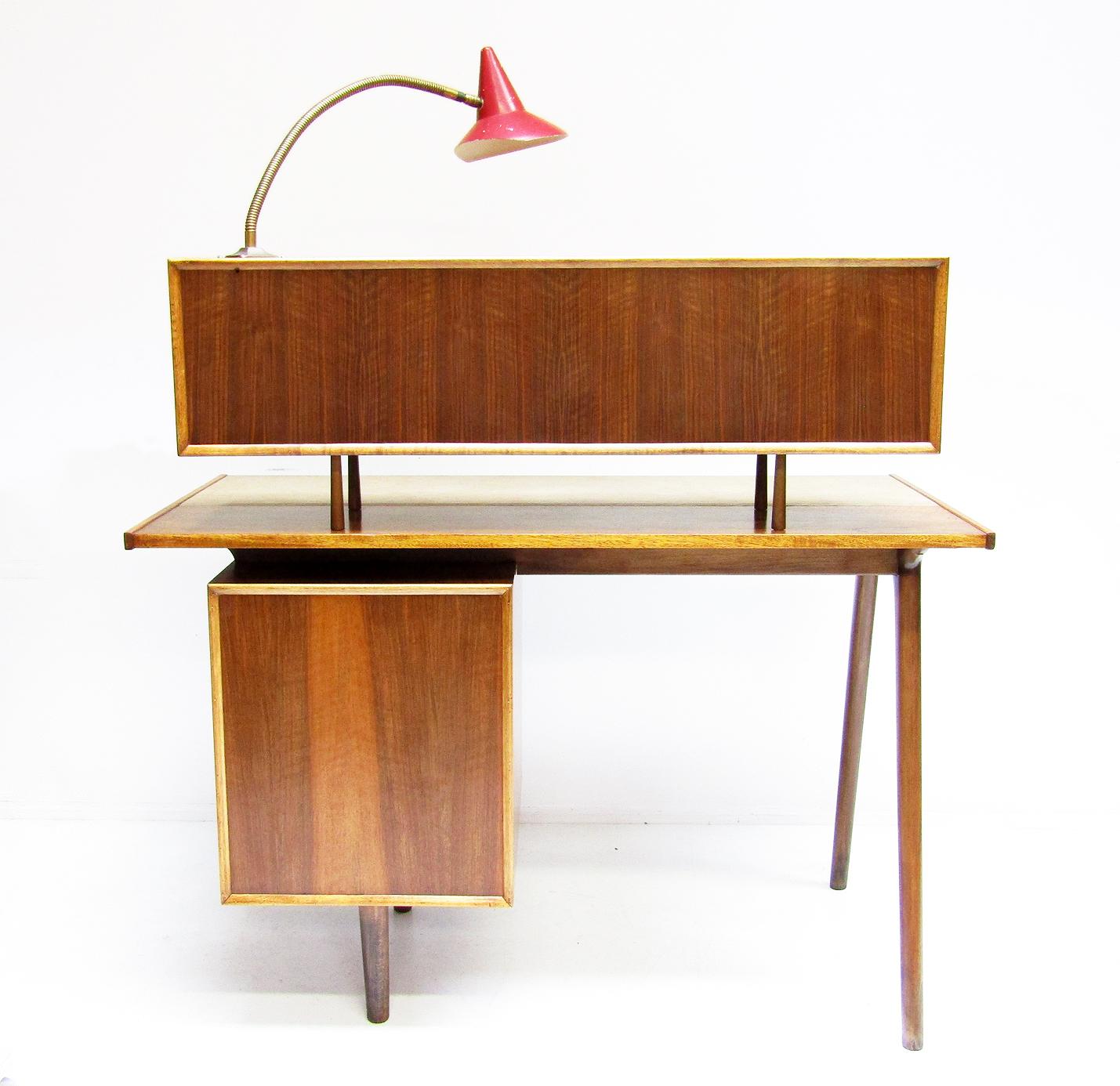 Brass 1950s Vintage Atomic Desk in Walnut with Floating Cabinet & Lamp