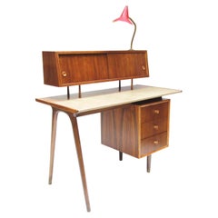 1950s Vintage Atomic Desk in Walnut with Floating Cabinet & Lamp