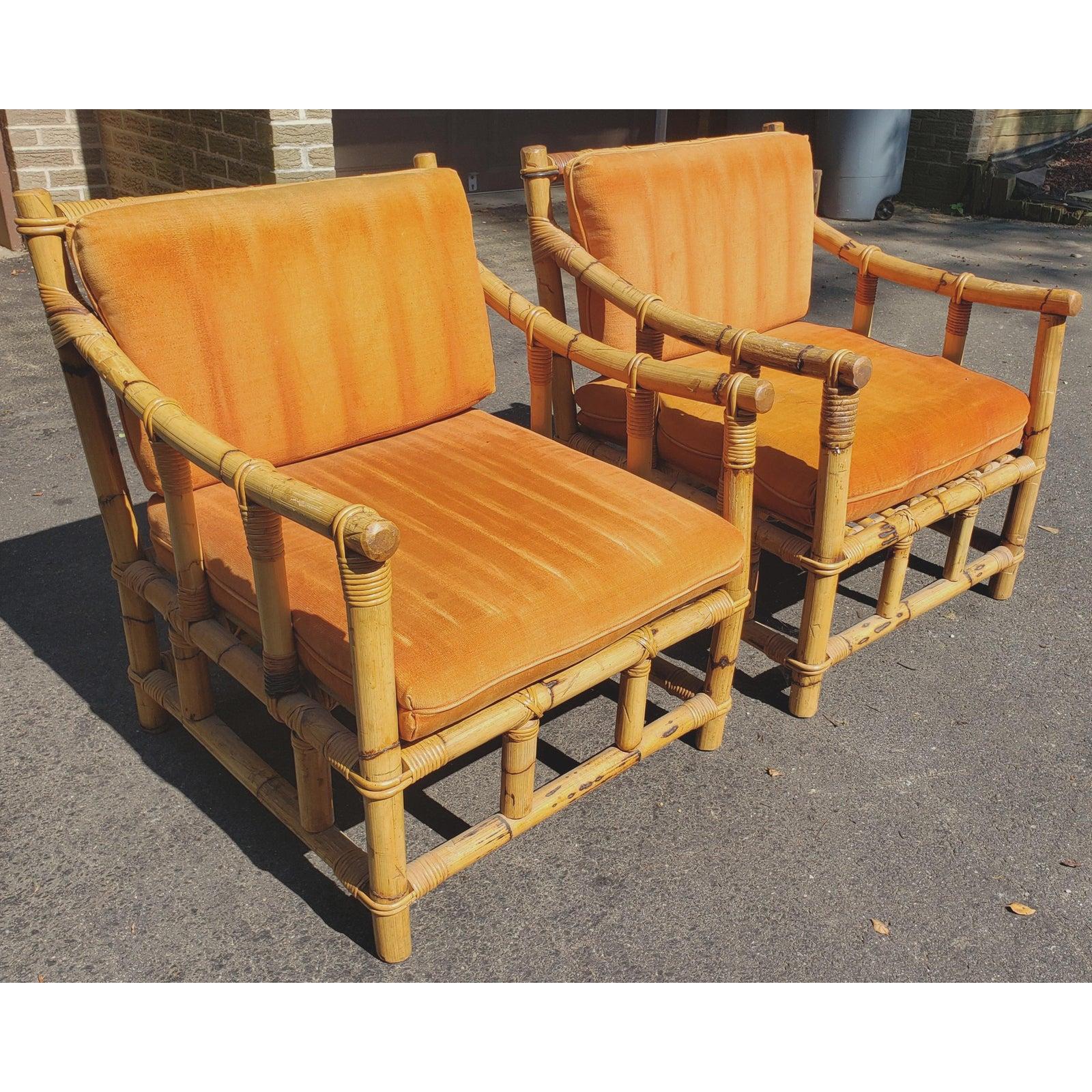 1950s jumbo bamboo lounge chair. Velvet orange fabric cushions. Some wear , fading on fabric but no tear. Chair are in great shape. Measurements are 26