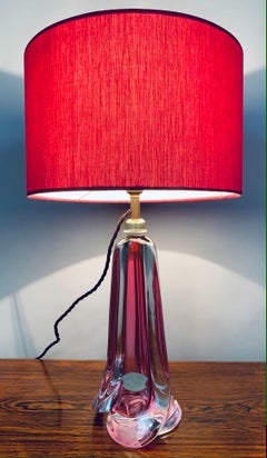 1950s Vintage Belgium Val St Lambert Pink Crystal Glass Table Lamps Inc Shade