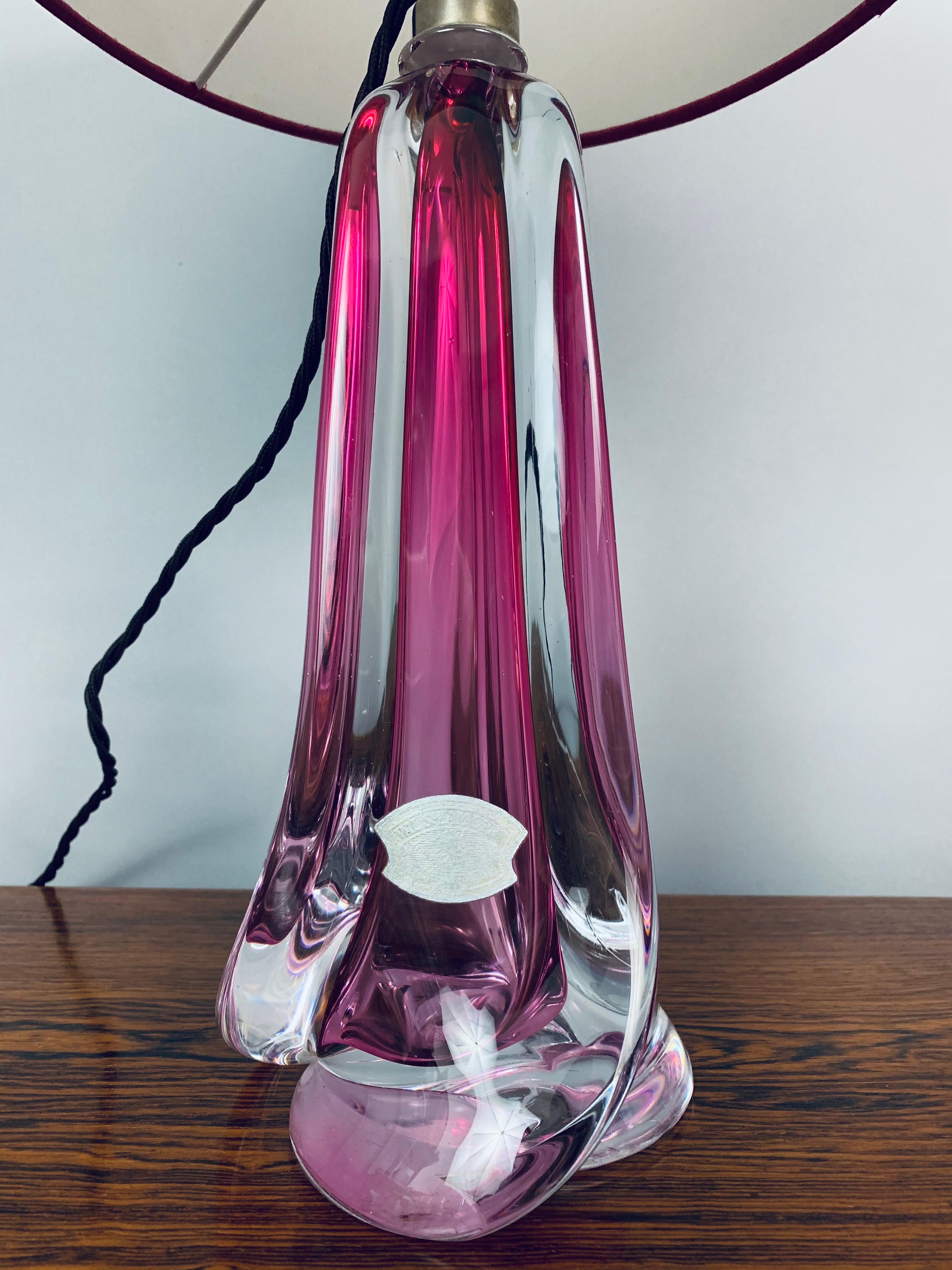 Belgian 1950s Vintage Belgium Val St Lambert Pink Crystal Glass Table Lamps Inc Shade