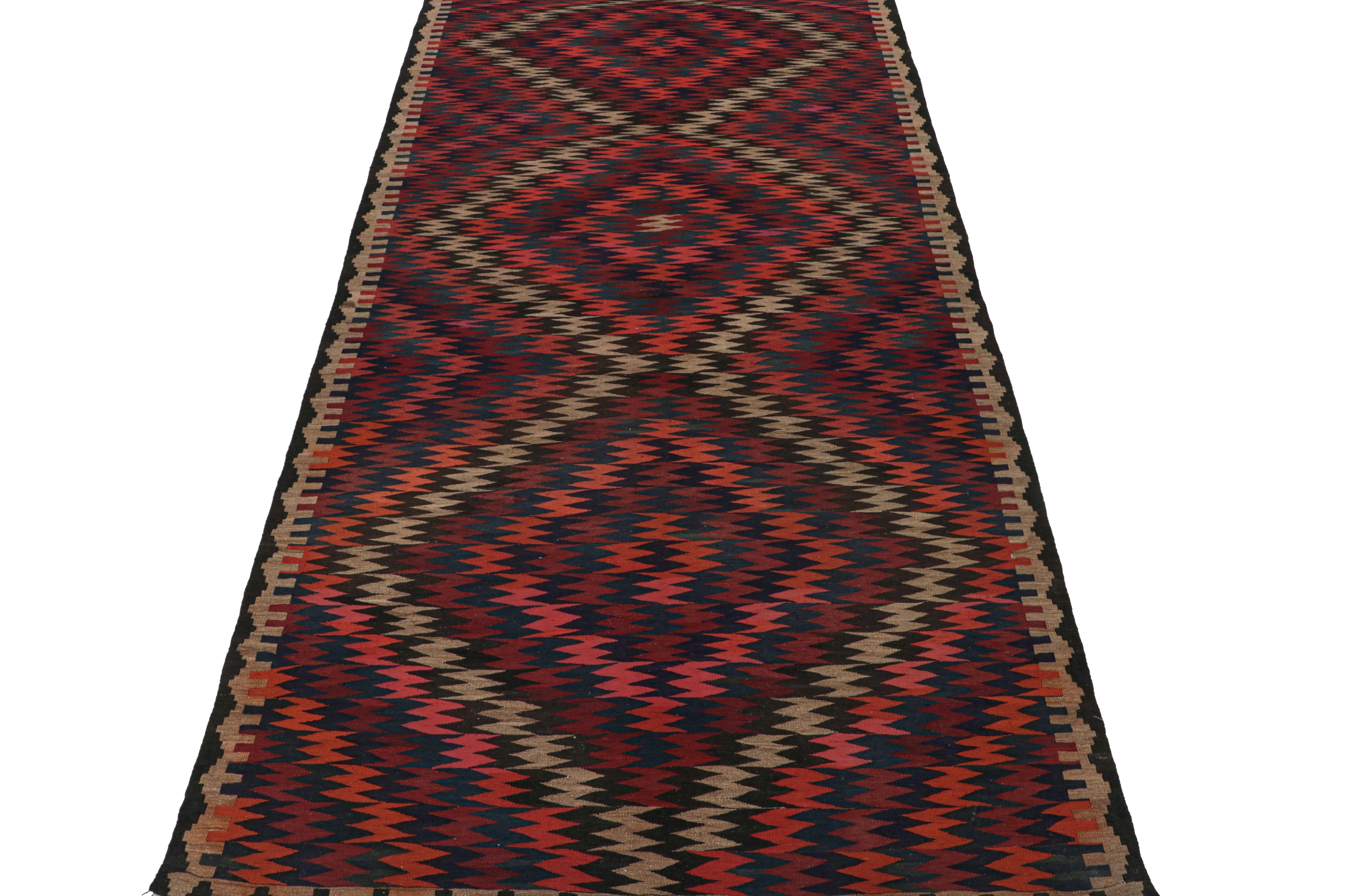 This vintage 7x14 Persian Kilim is believed to be a Bidjar rug of the titular Northwest Persian city. 

Handwoven in wool circa 1950-1960, this flat weave is a gallery runner—a versatile Size with vast applications today. Its design enjoys rich