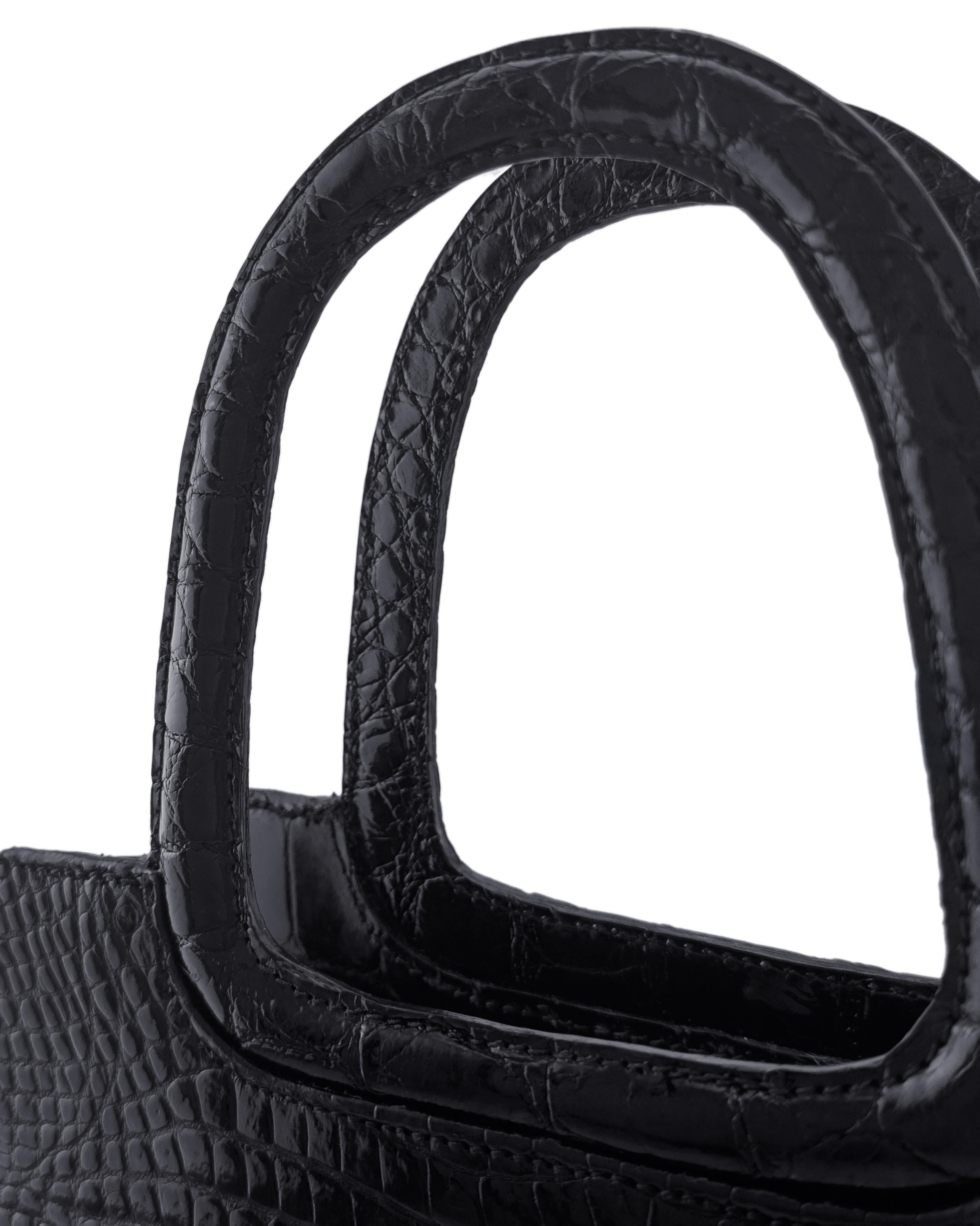 1950er Jahre Vintage Schwarze Krokodil strukturierte Henkeltasche mit Griff oben im Angebot 1