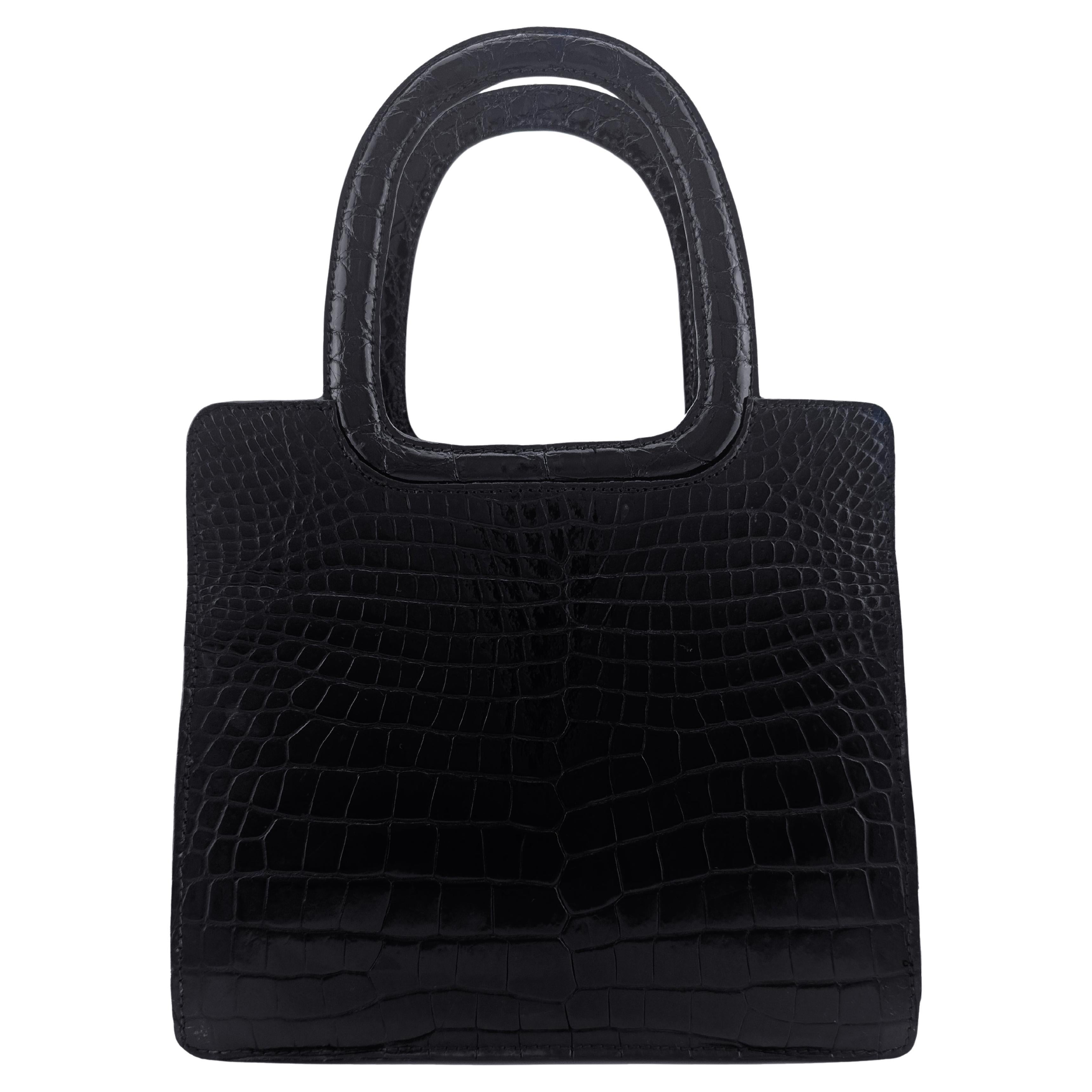 Borsa a manico superiore strutturata in coccodrillo nero vintage anni '50