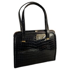 1950s Vintage Black leather and Brass Italian Top Handle Bag By Albanese Milano