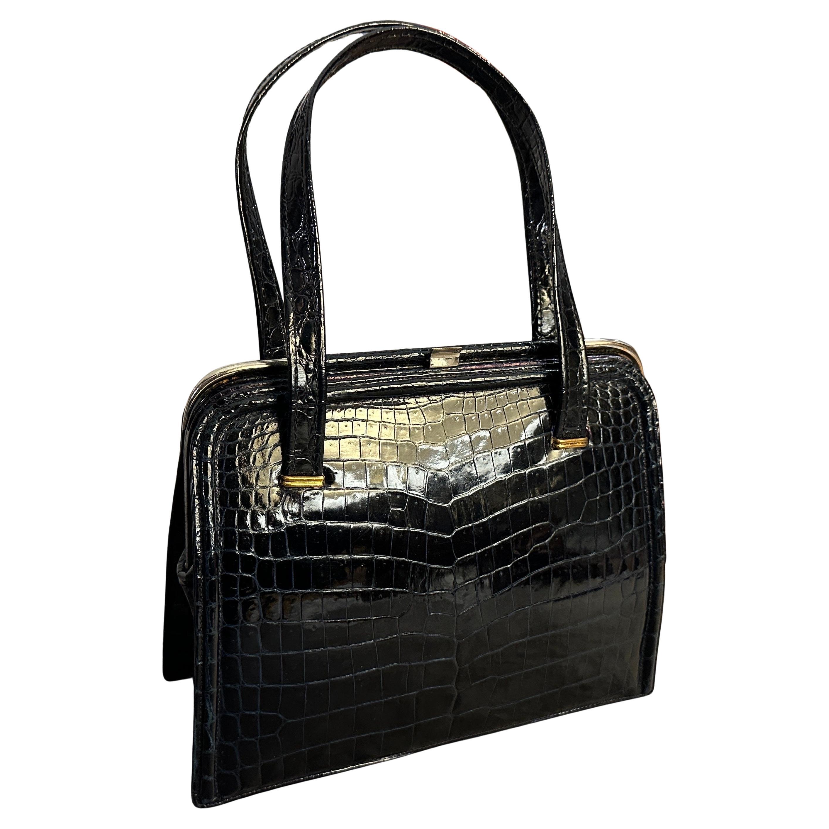 1950er Jahre Vintage Schwarzes Leder und Messing Italienisch Top Handle Bag von Albanese Milano im Angebot