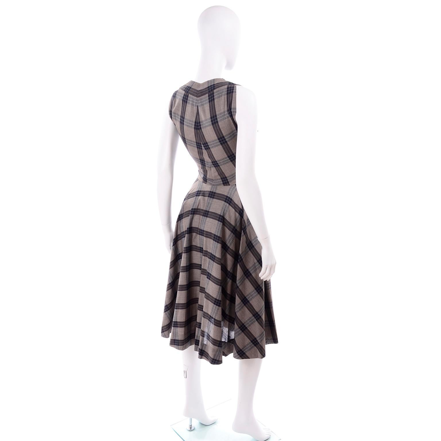 Women's or Men's 1950s Vintage Black & Sand Plaid Dress Attributed to Claire McCardell 