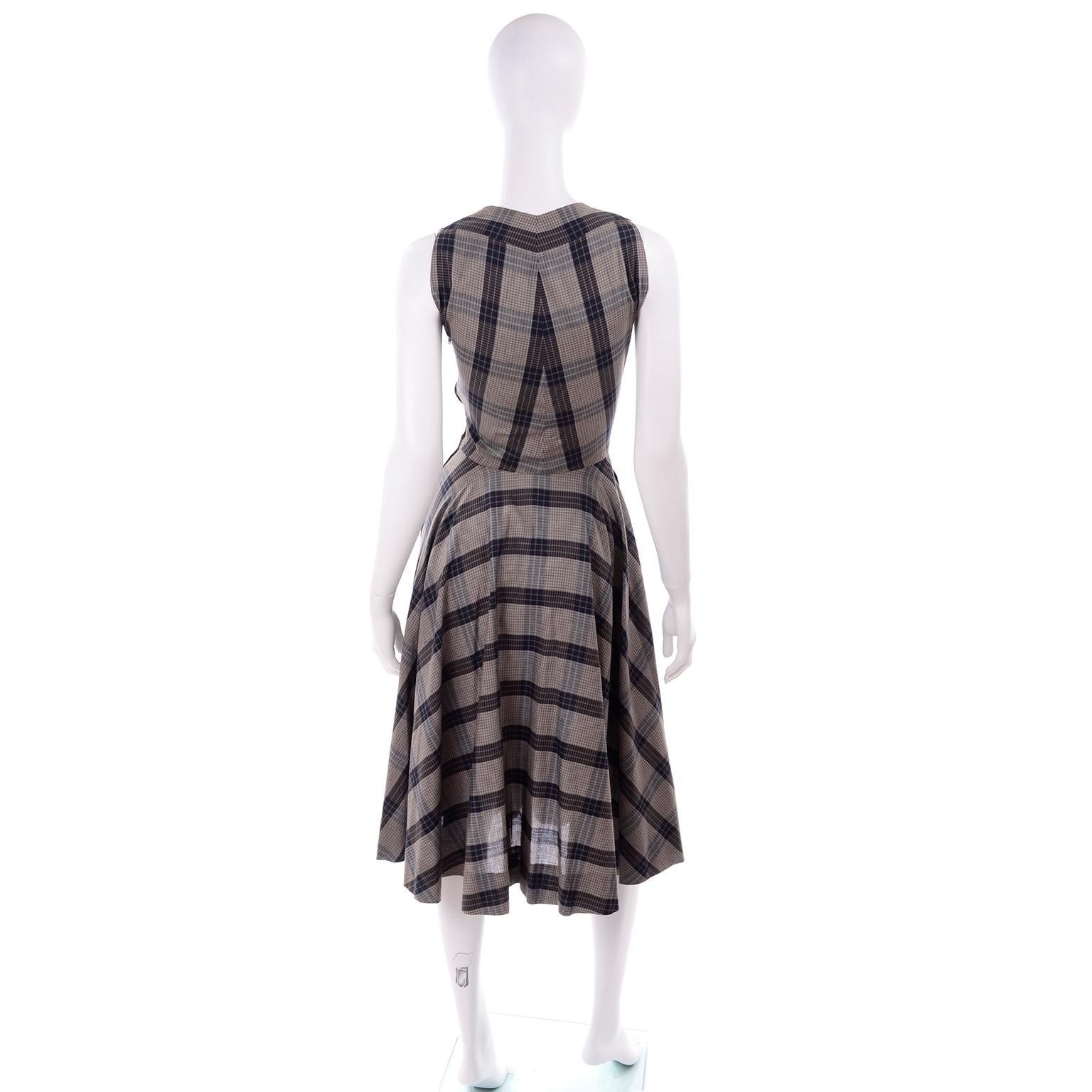 1950s Vintage Black & Sand Plaid Dress Attributed to Claire McCardell  1