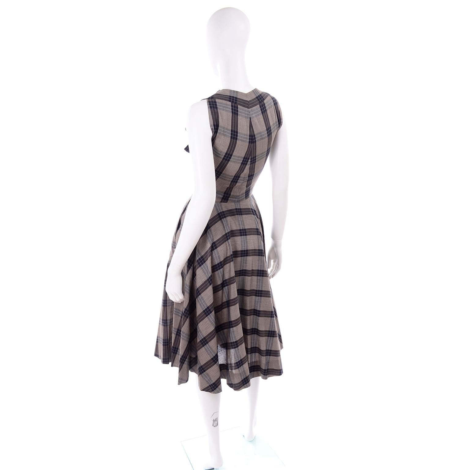 1950s Vintage Black & Sand Plaid Dress Attributed to Claire McCardell  2