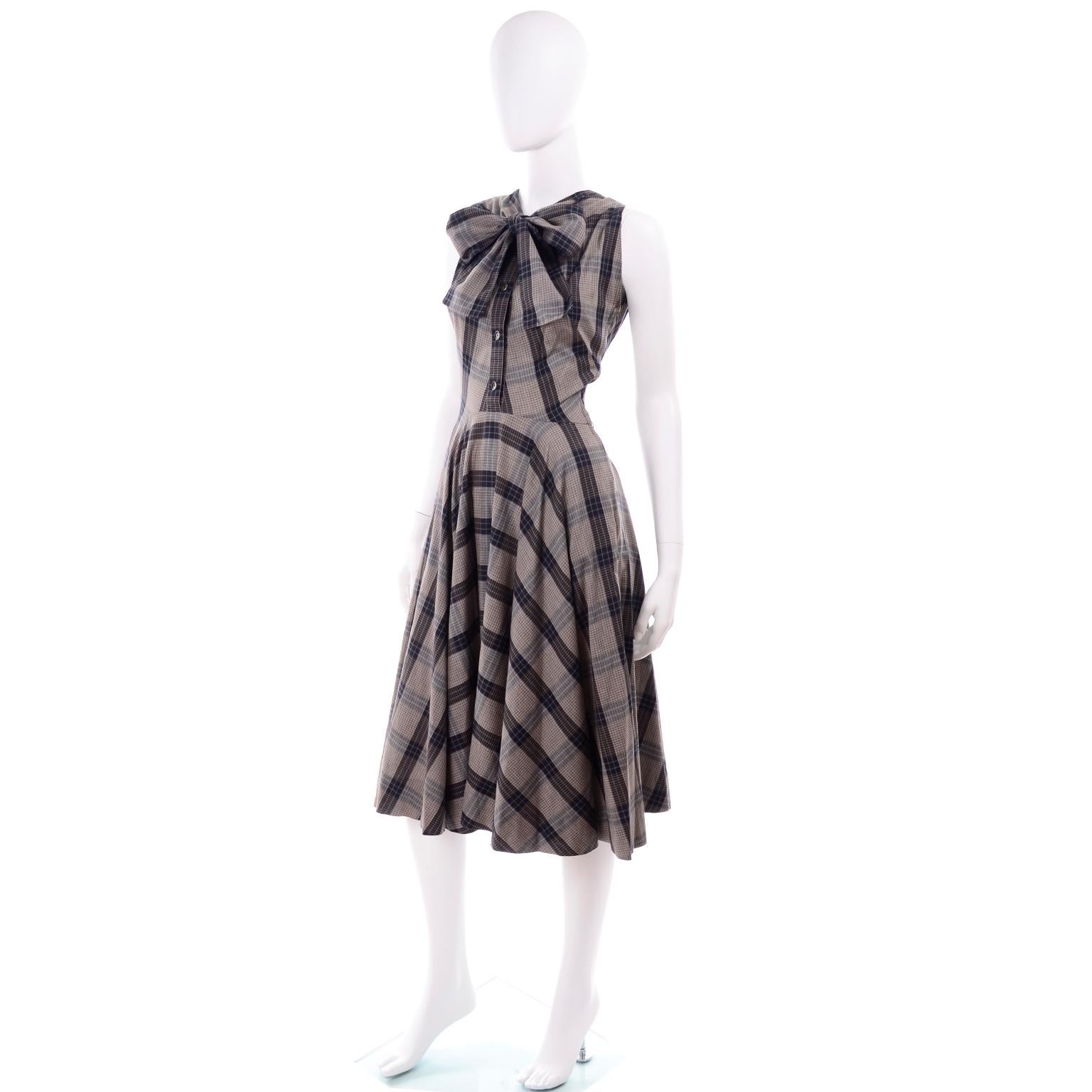 1950s Vintage Black & Sand Plaid Dress Attributed to Claire McCardell 3