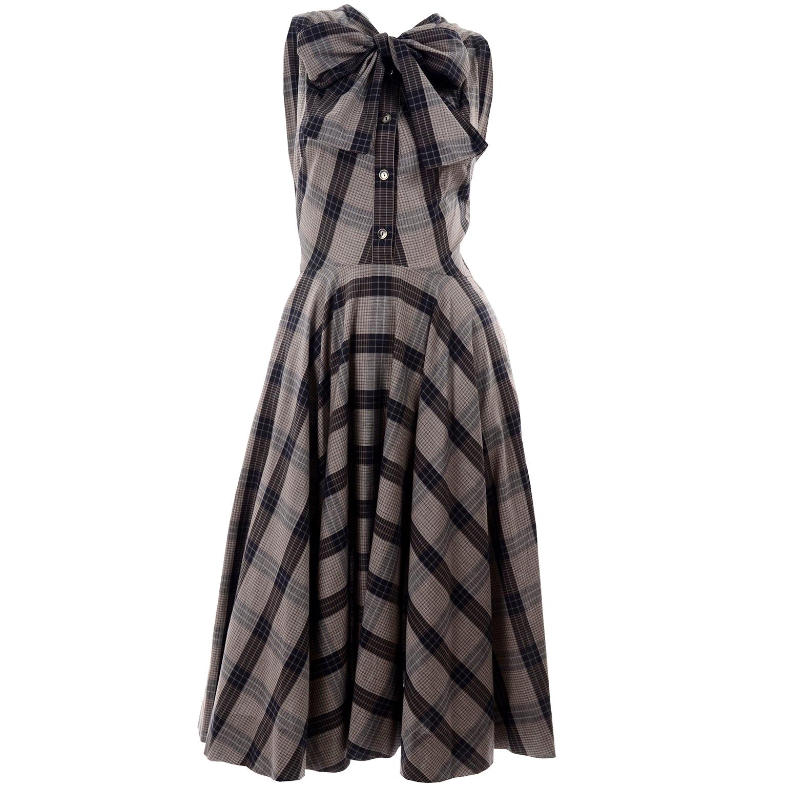 1950s Vintage Black & Sand Plaid Dress Attributed to Claire McCardell 