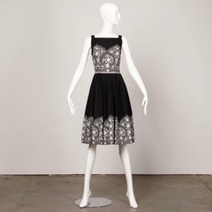 1950s Vintage Black + White Cotton Patio Dress with Rhinestone Detail