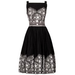 1950s Vintage Black + White Cotton Patio Dress with Rhinestone Detail