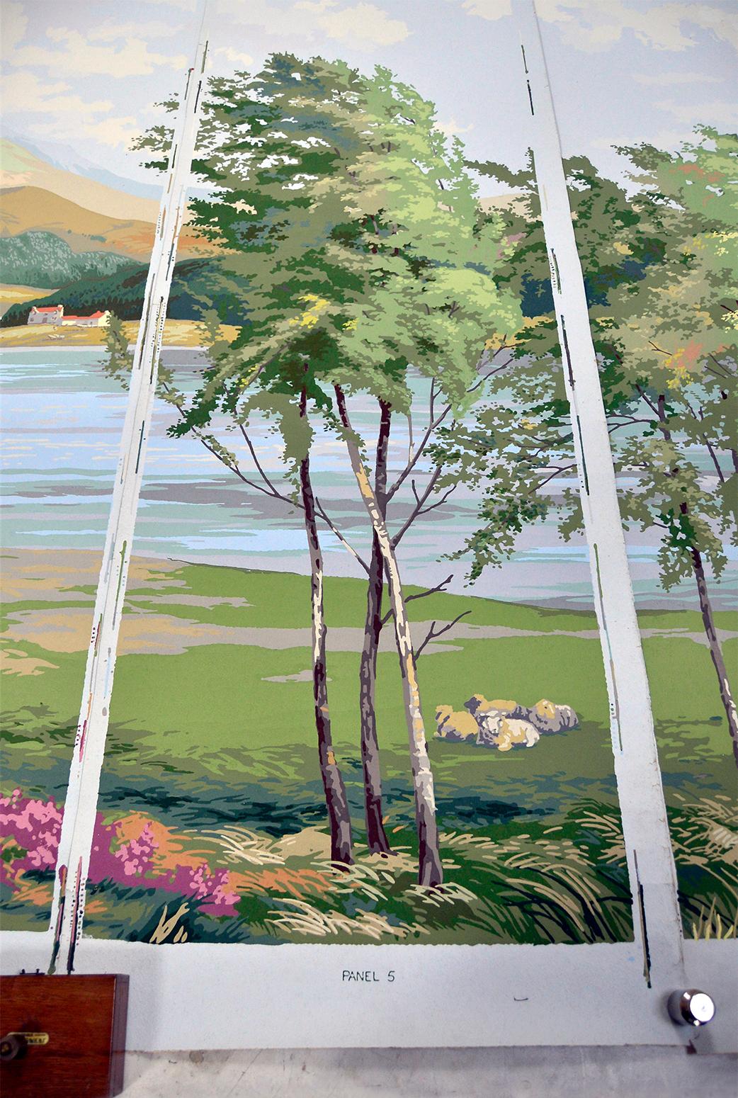Paint 1950s Vintage Block Printed Wallpaper Mural Scottish Landscape Scene Sanderson