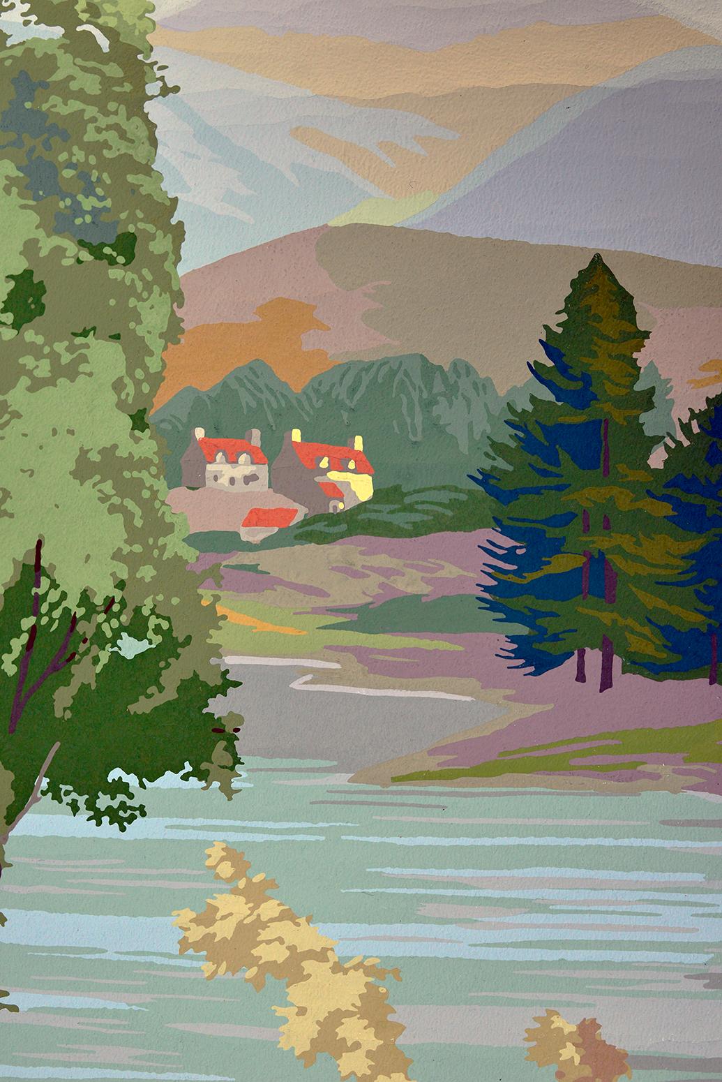 1950s Vintage Block Printed Wallpaper Mural Scottish Landscape Scene Sanderson 4