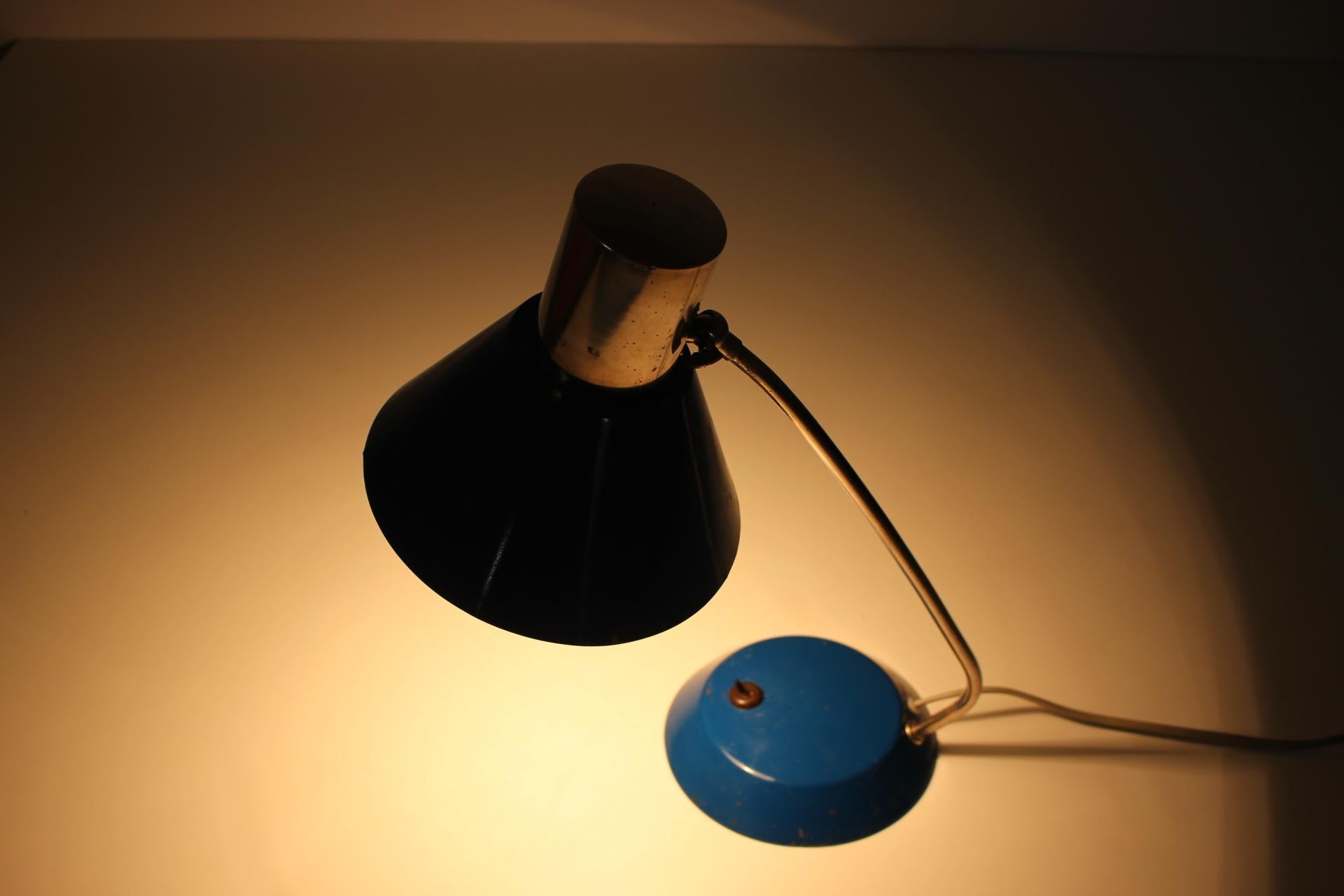 Iron 1950s Vintage Blue Table Lamp, Czechoslovakia