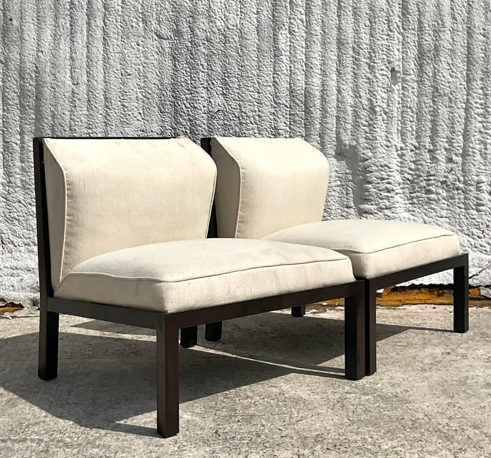 1950s Vintage Boho Michael Taylor for Baker Shoji Screen Slipper Chairs - a Pair In Good Condition For Sale In west palm beach, FL