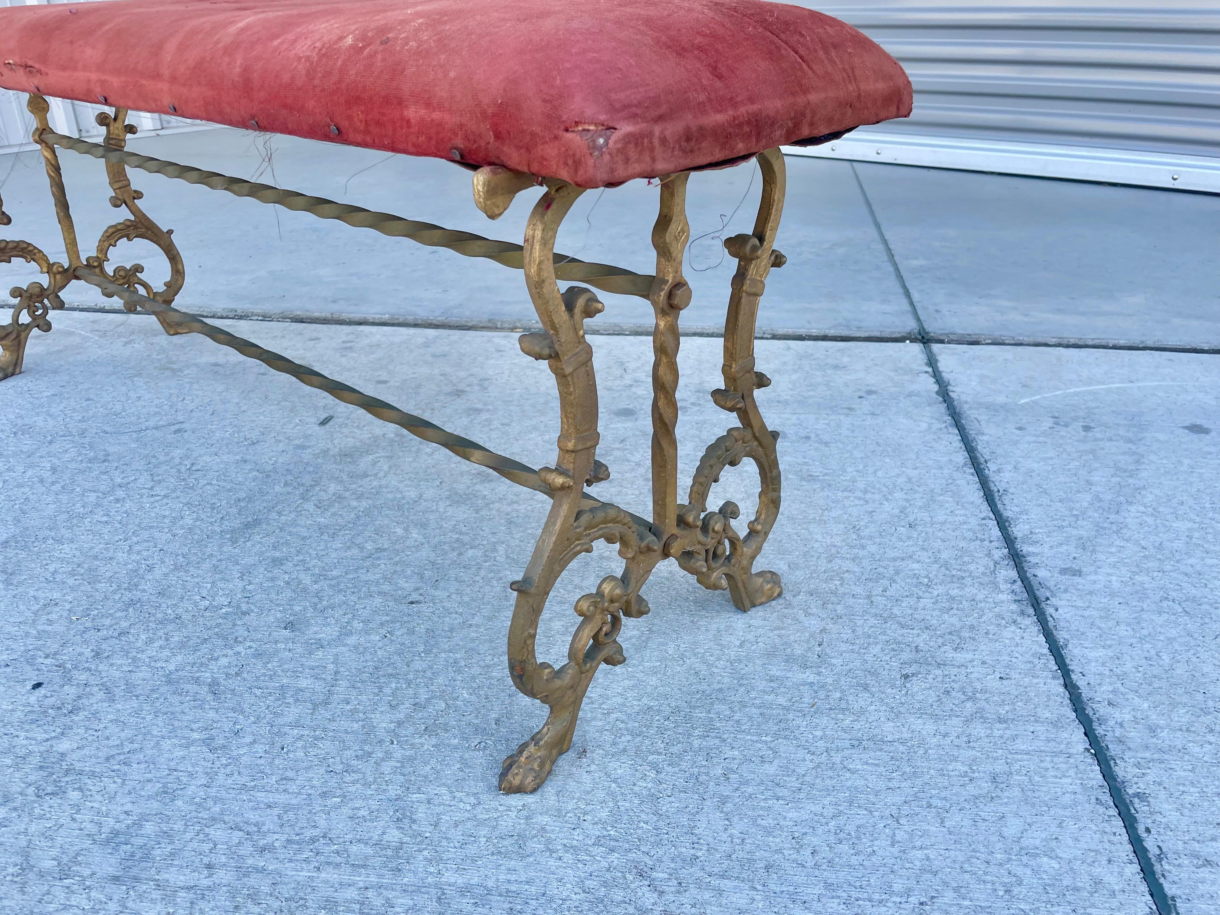 1950s Vintage Brass & Velvet Bench In Good Condition For Sale In North Hollywood, CA