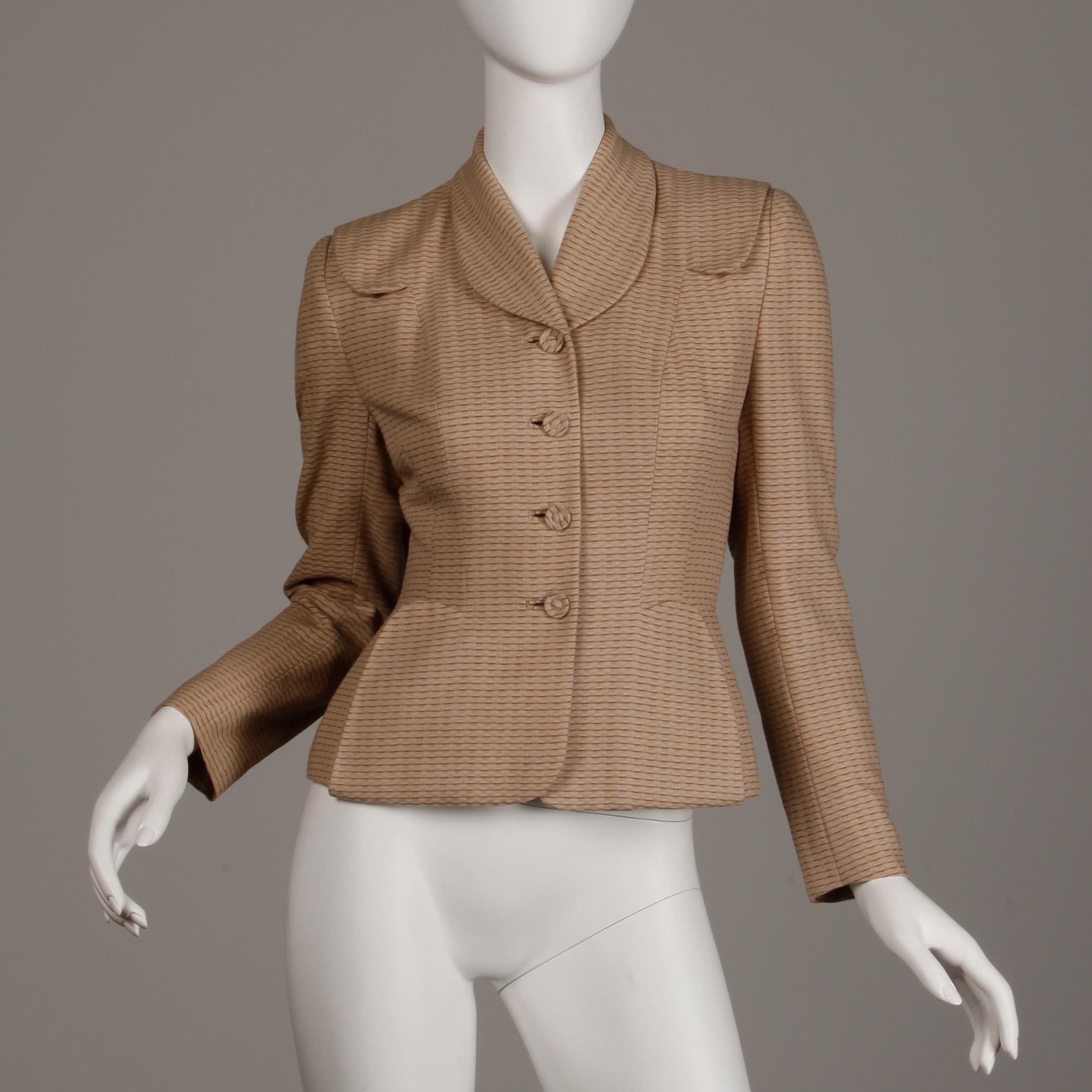 Women's 1950s Vintage Brown + Beige Wool Blazer Jacket Size XS For Sale