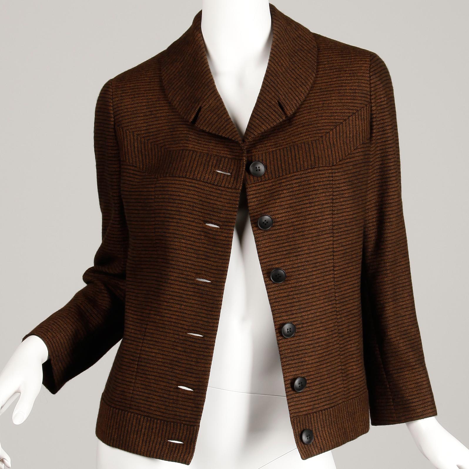 1950s Vintage Brown + Black Striped Wool Blazer or Suit Jacket Size Small