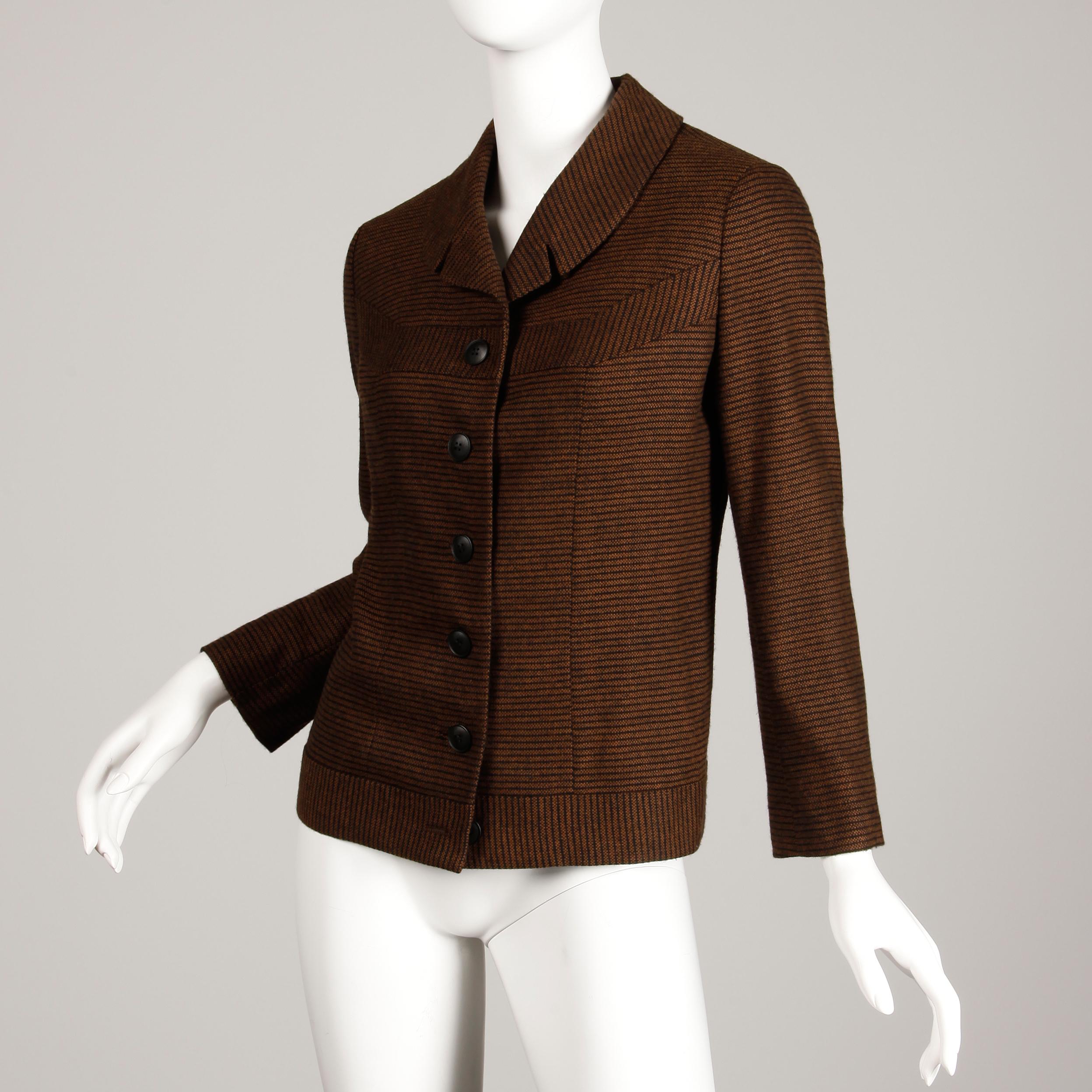 1950er Jahre Vintage Braun + Schwarz gestreifter Wollblazer oder Anzug Jacke Größe Small Damen im Angebot