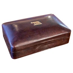 1950s Vintage Brown Leather Box with Gold Capitoline Wolf Emblem. Italy