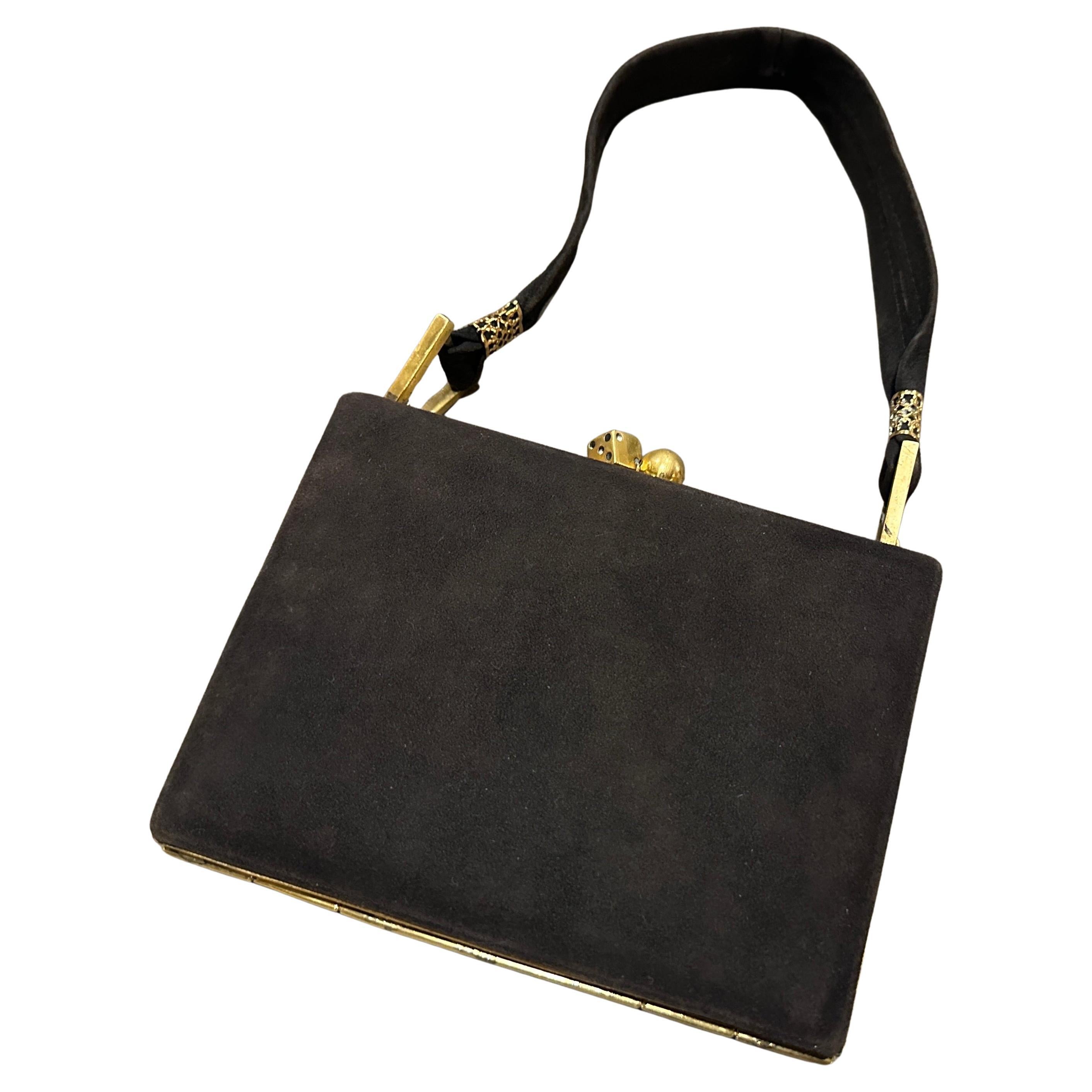 Borsa cosmetica italiana vintage anni '50 in camoscio marrone e ottone