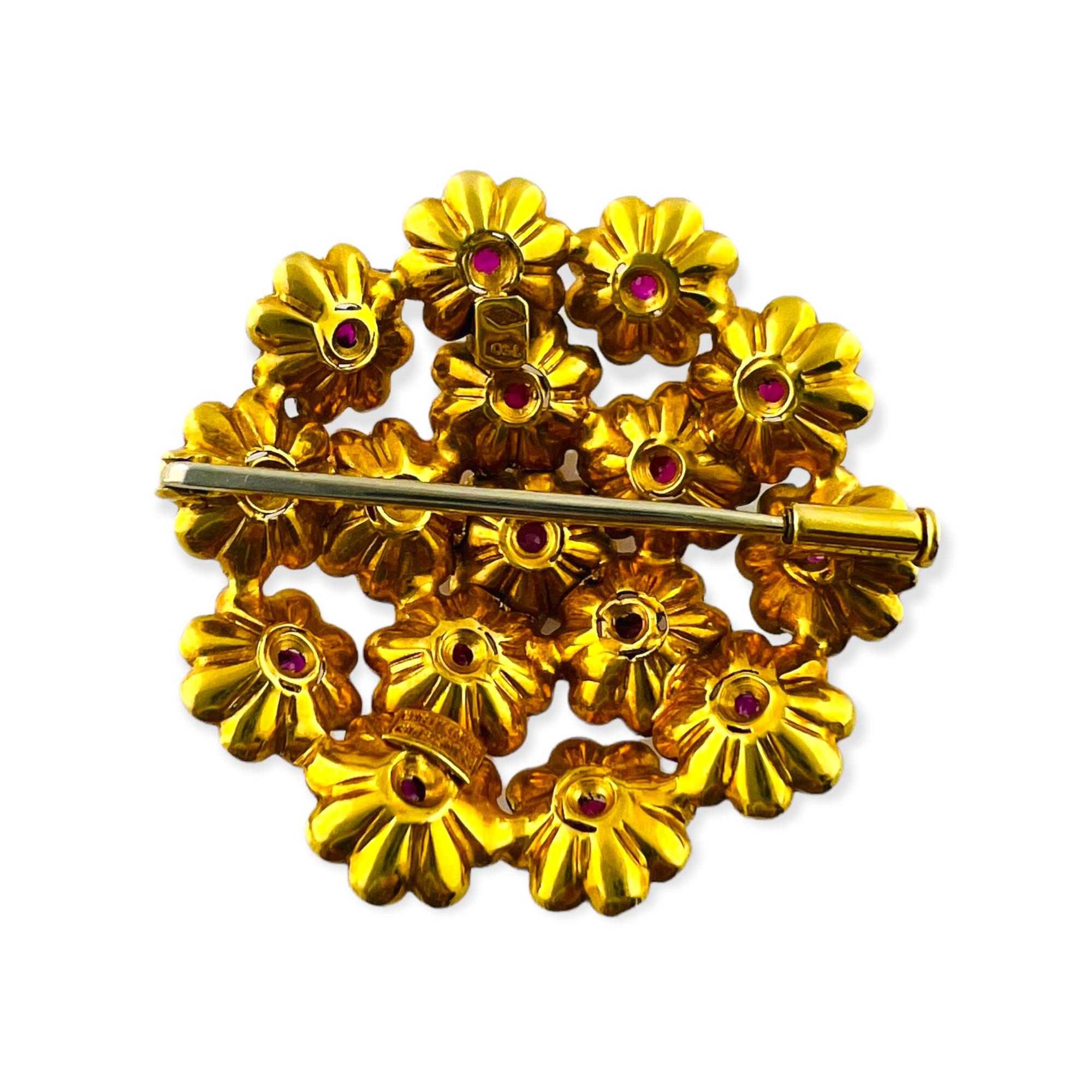 1950's Vintage Cartier 18K Yellow Gold and Ruby Flower Brooch 5