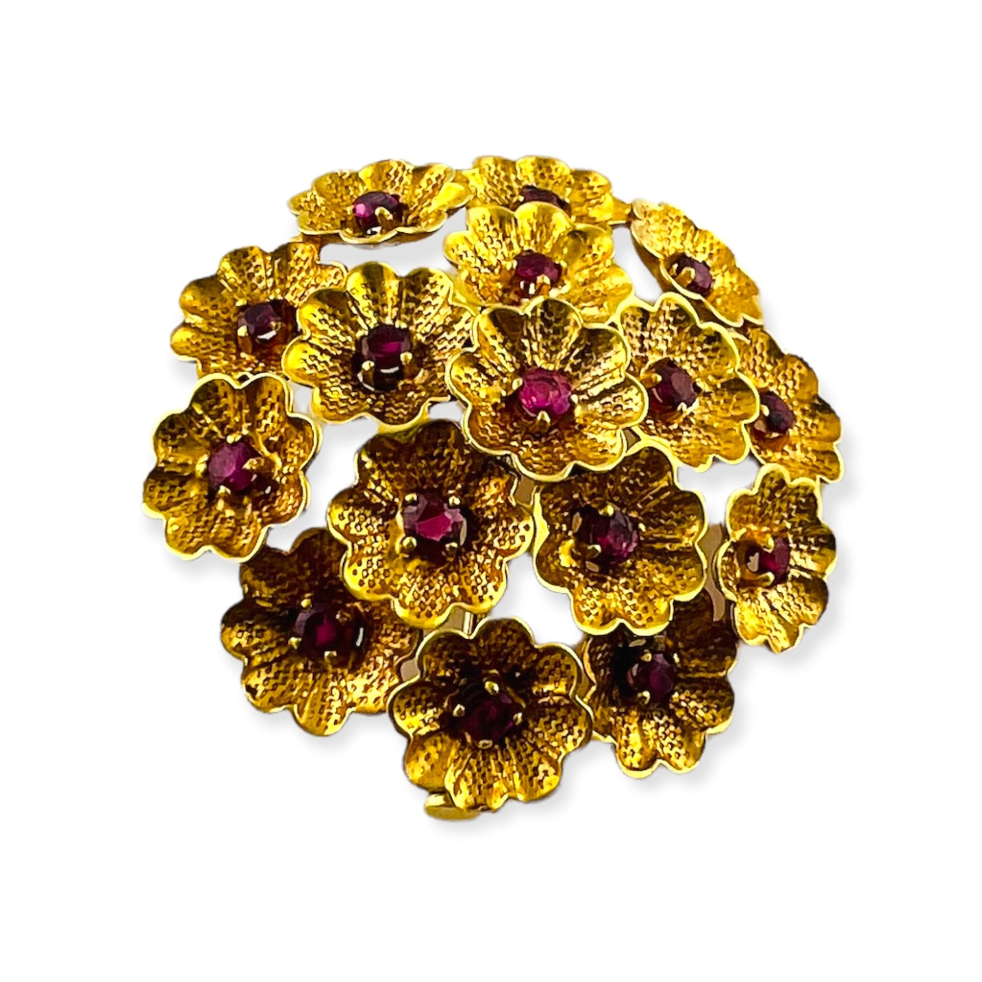 1950's Vintage Cartier 18K Yellow Gold and Ruby Flower Brooch 6