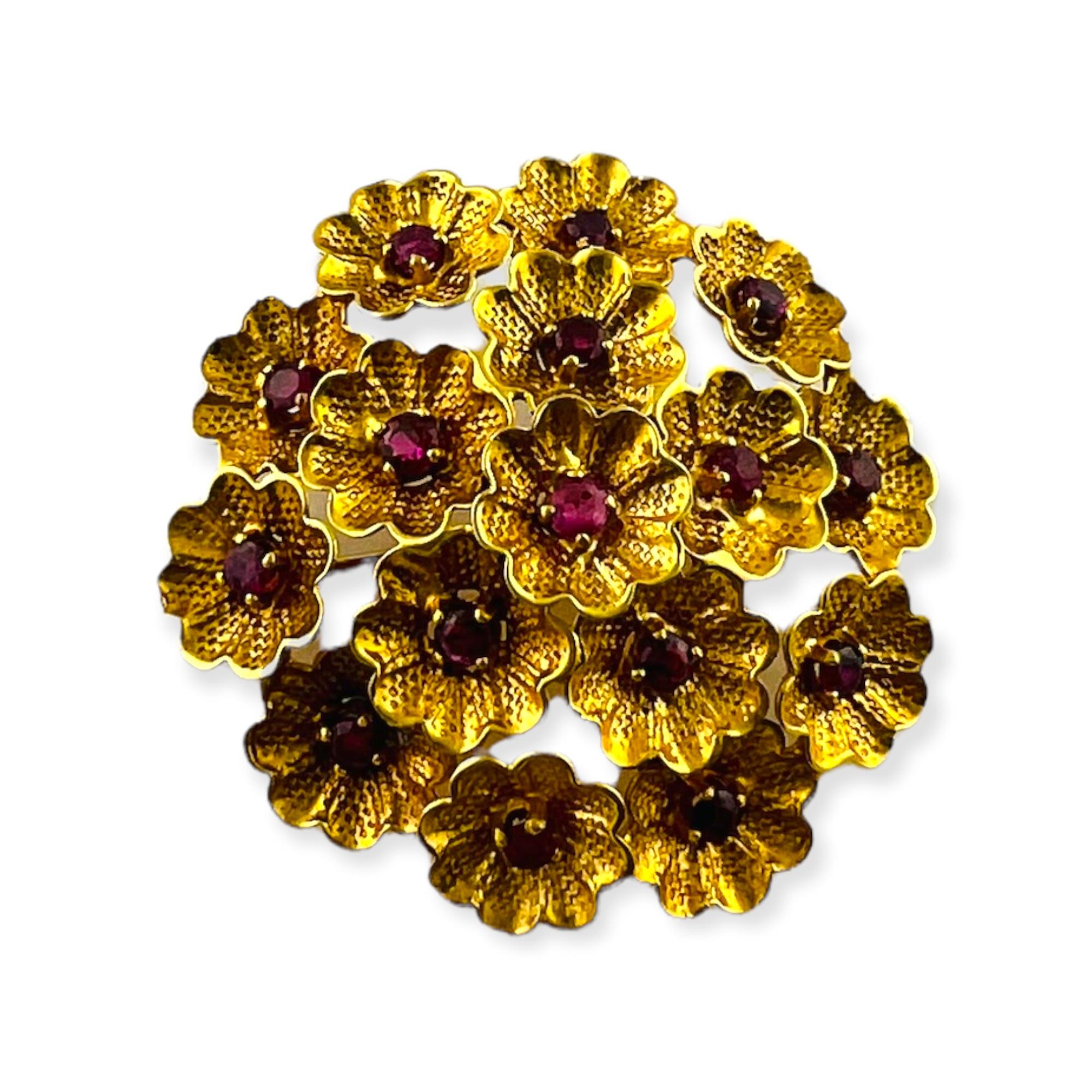 1950's Vintage Cartier 18K Yellow Gold and Ruby Flower Brooch 8