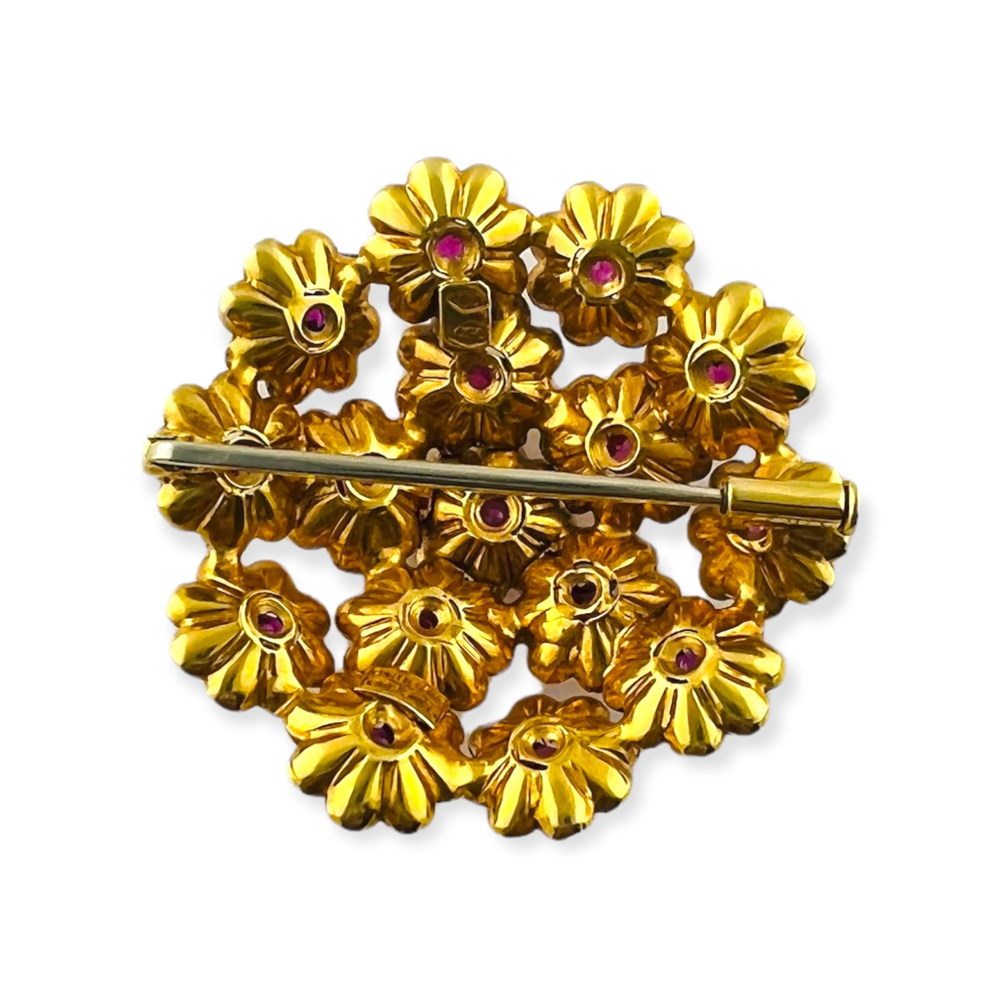 1950's Vintage Cartier 18K Yellow Gold and Ruby Flower Brooch In Good Condition In Washington Depot, CT