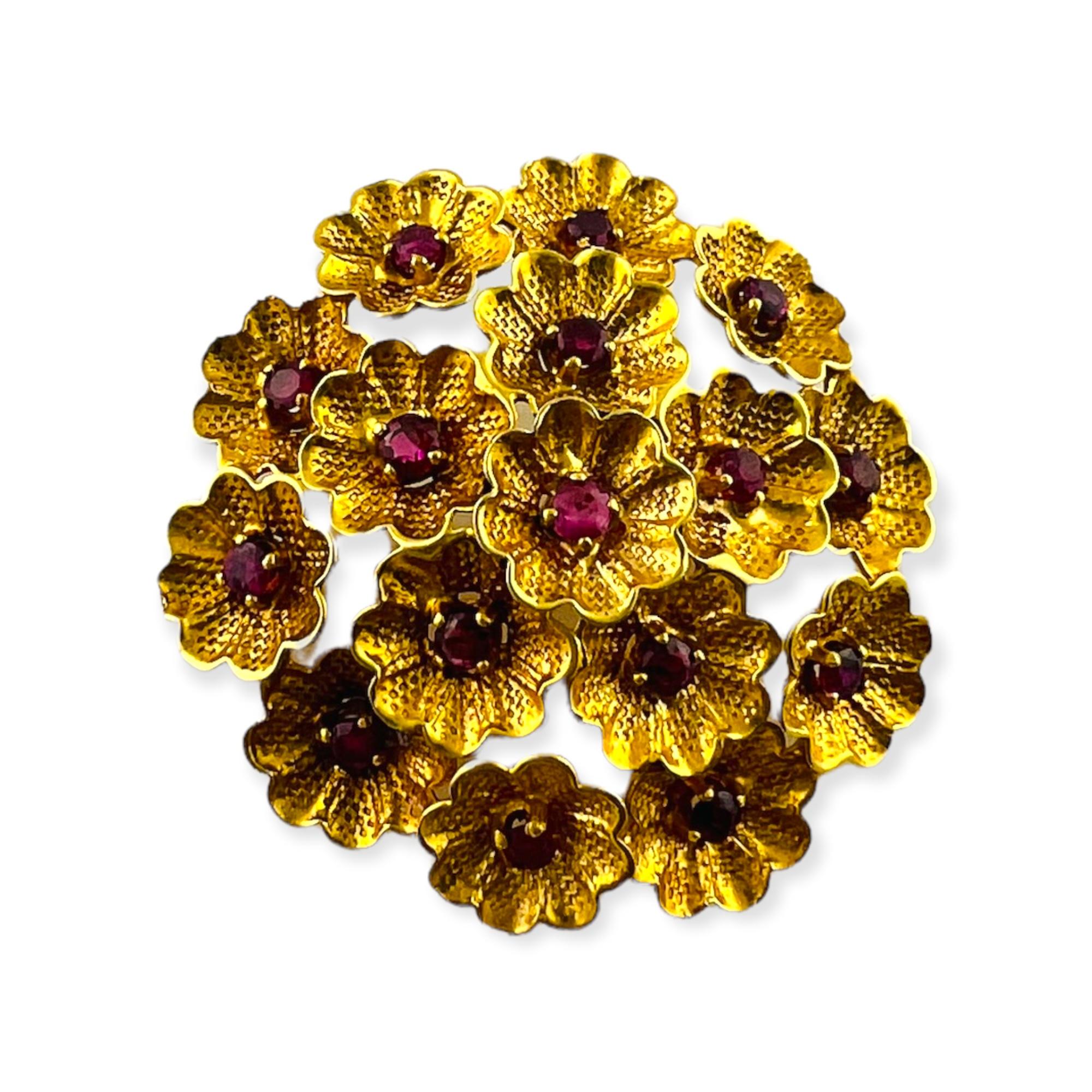 1950's Vintage Cartier 18K Yellow Gold and Ruby Flower Brooch 1