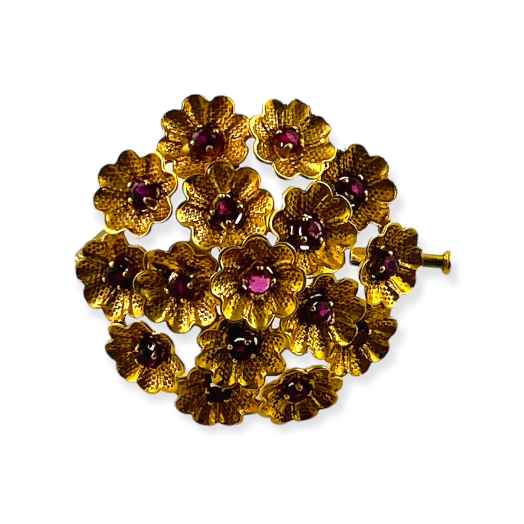 1950's Vintage Cartier 18K Yellow Gold and Ruby Flower Brooch 3