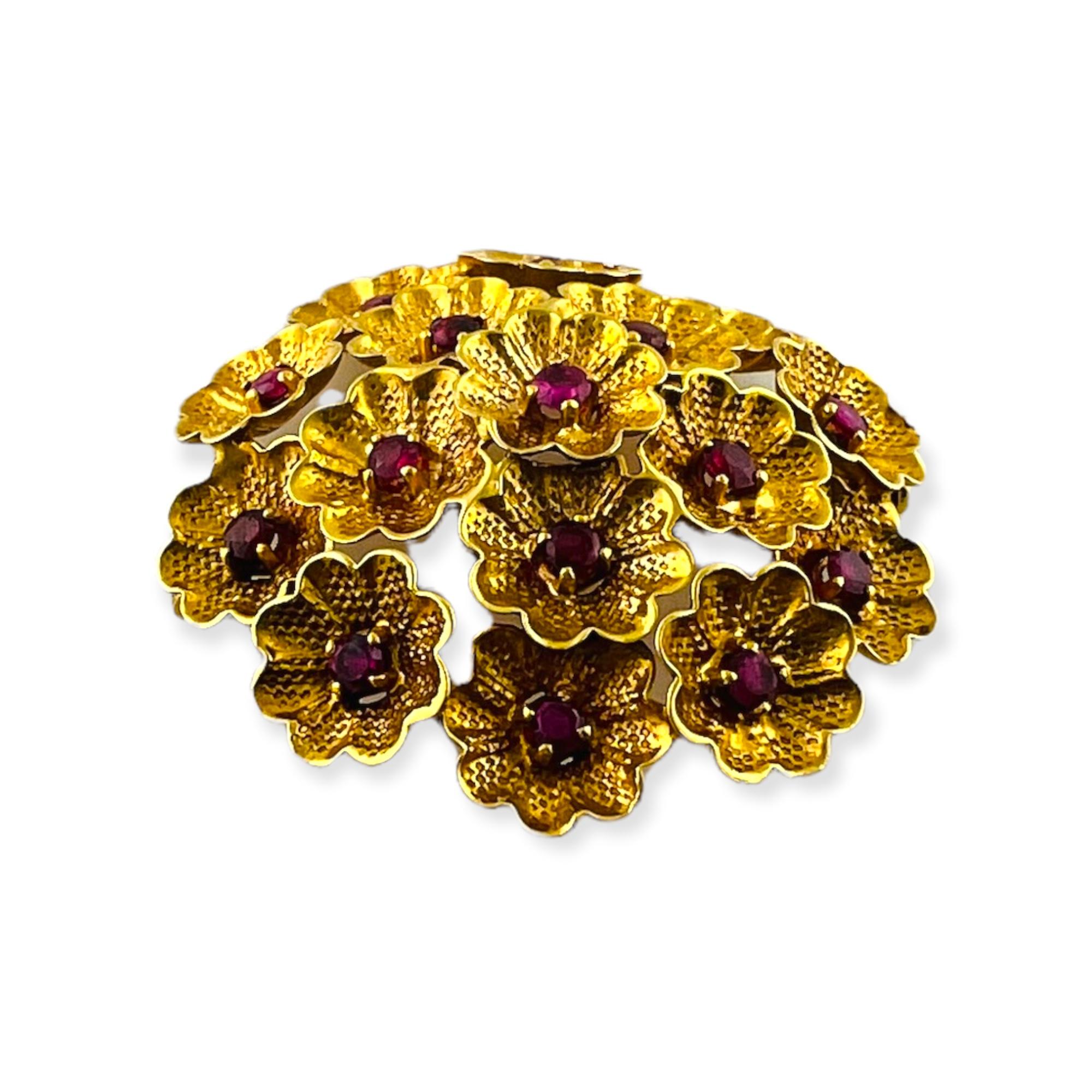1950's Vintage Cartier 18K Yellow Gold and Ruby Flower Brooch 4