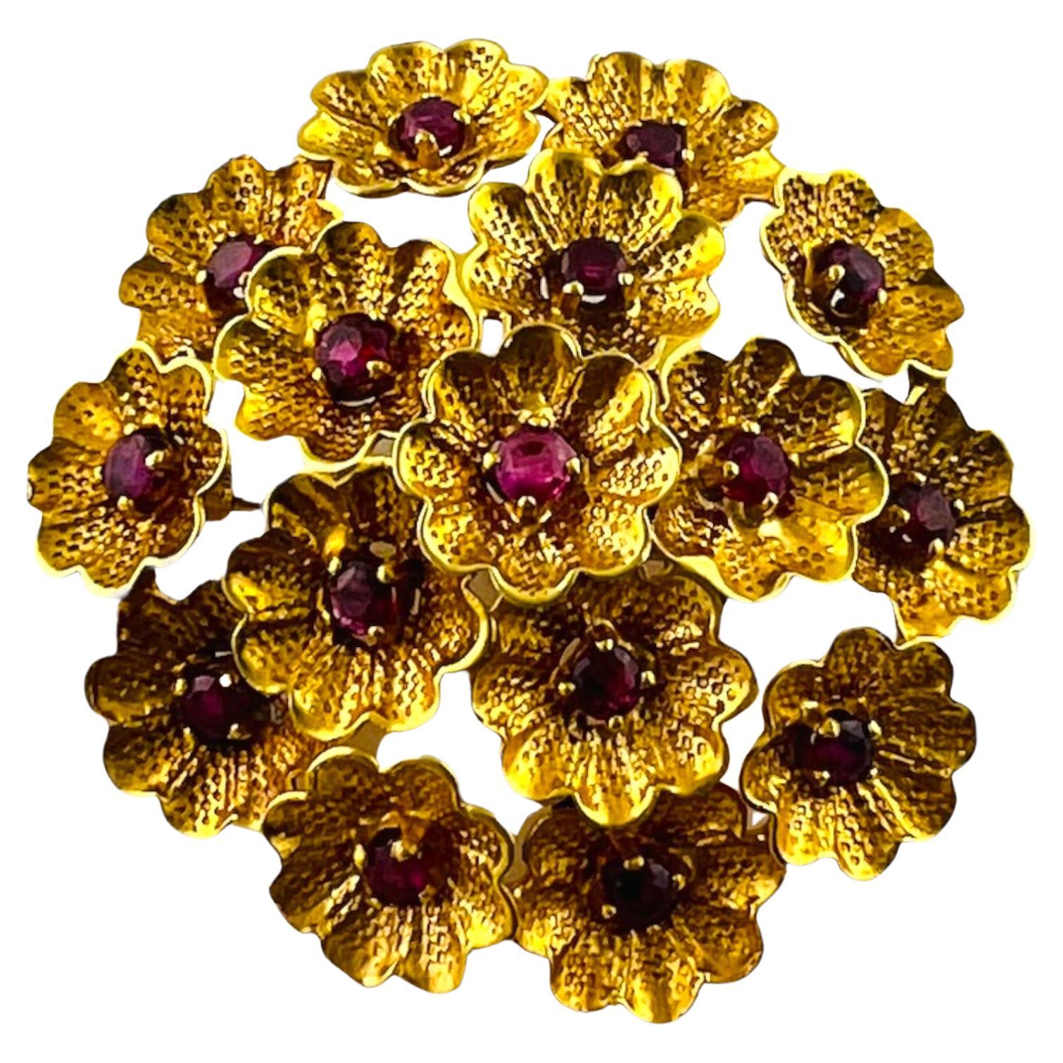 1950's Vintage Cartier 18K Yellow Gold and Ruby Flower Brooch