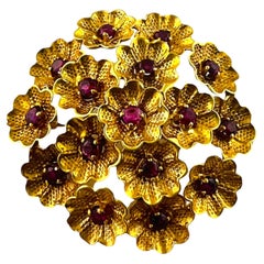1950's Vintage Cartier 18K Yellow Gold and Ruby Flower Brooch