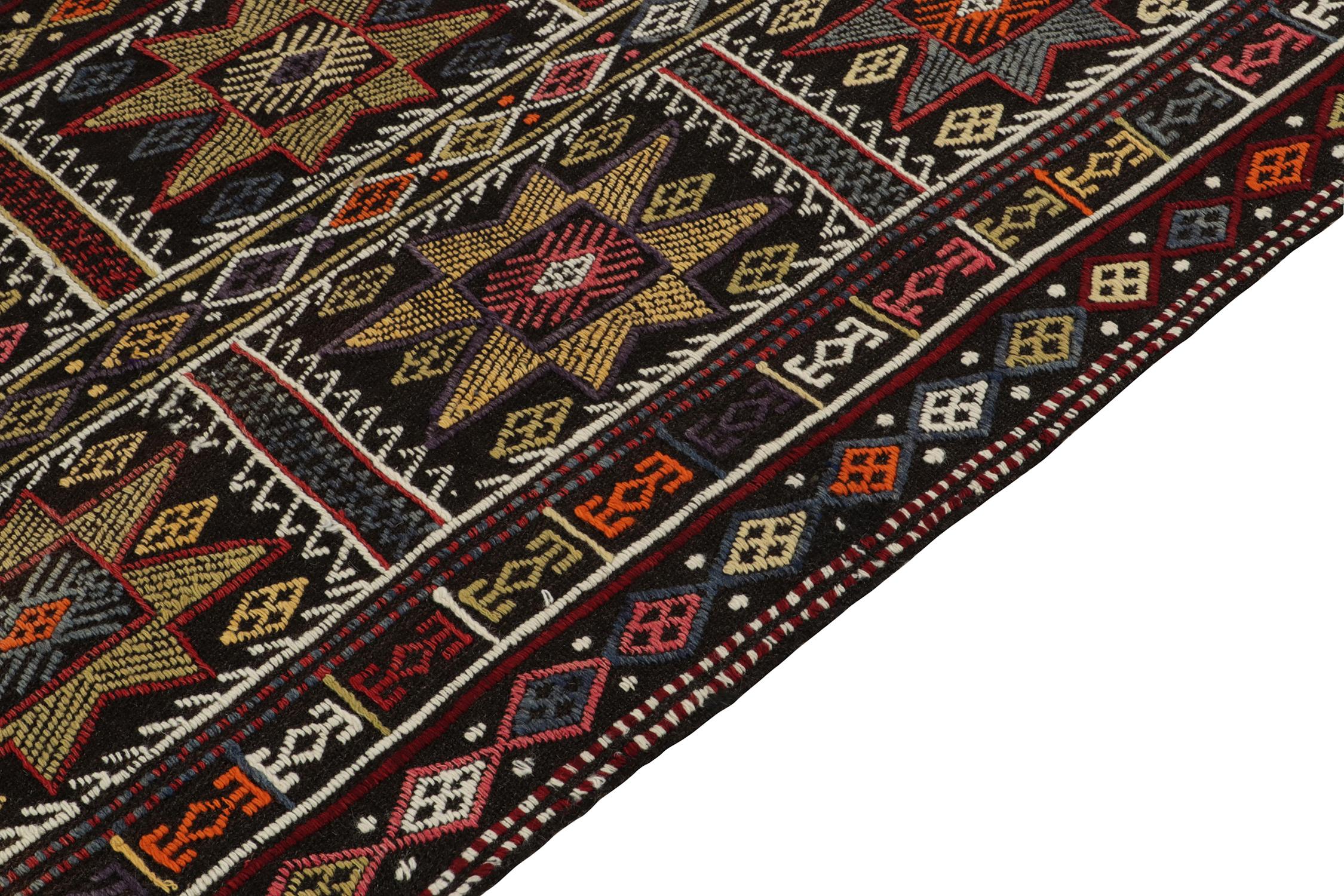 Hand-Knotted 1950s Vintage Kilim Tribal Rug in Black, Multicolor Geometric by Rug & Kilim For Sale