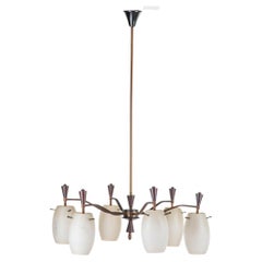 1950s Vintage Chandelier in Brass and Glass with 6 Design Lights