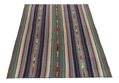 1950s Vintage Kilim in Blue-Green, Polychromatic Stripe Pattern by Rug & Kilim